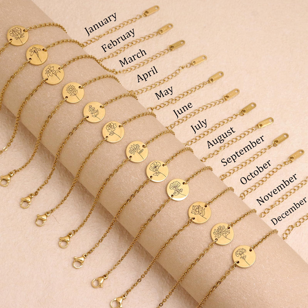 Birth Flower Gold Chain Bracelet for Women Adjustable Stackable Jewelry Gift