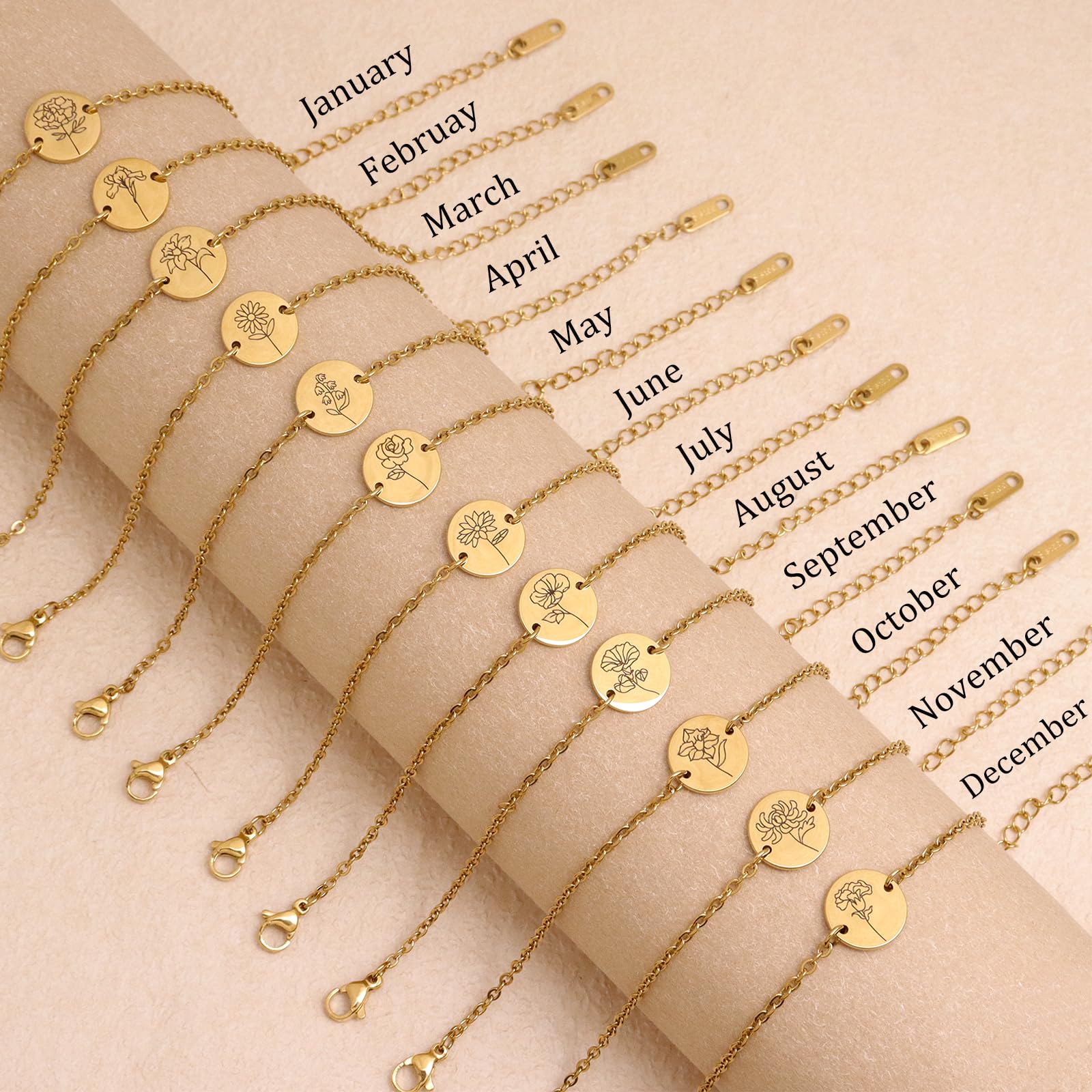 Birth Flower Gold Chain Bracelet for Women Adjustable Stackable Jewelry Gift