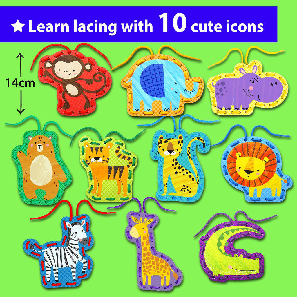 KRAFUN Safari Animal Preschool Arts & Crafts Lacing Kit, 10 Easy Lacing Cards