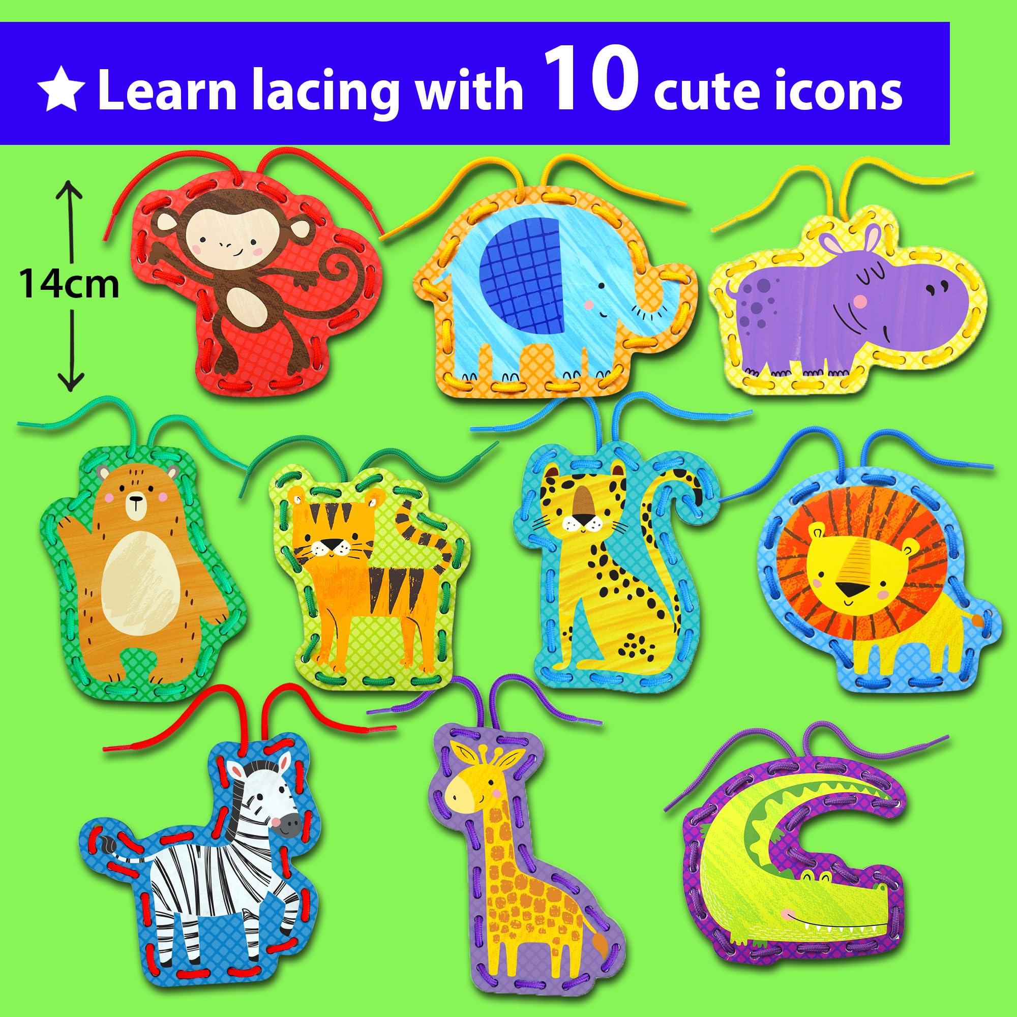 KRAFUN Safari Animal Preschool Arts & Crafts Lacing Kit, 10 Easy Lacing Cards