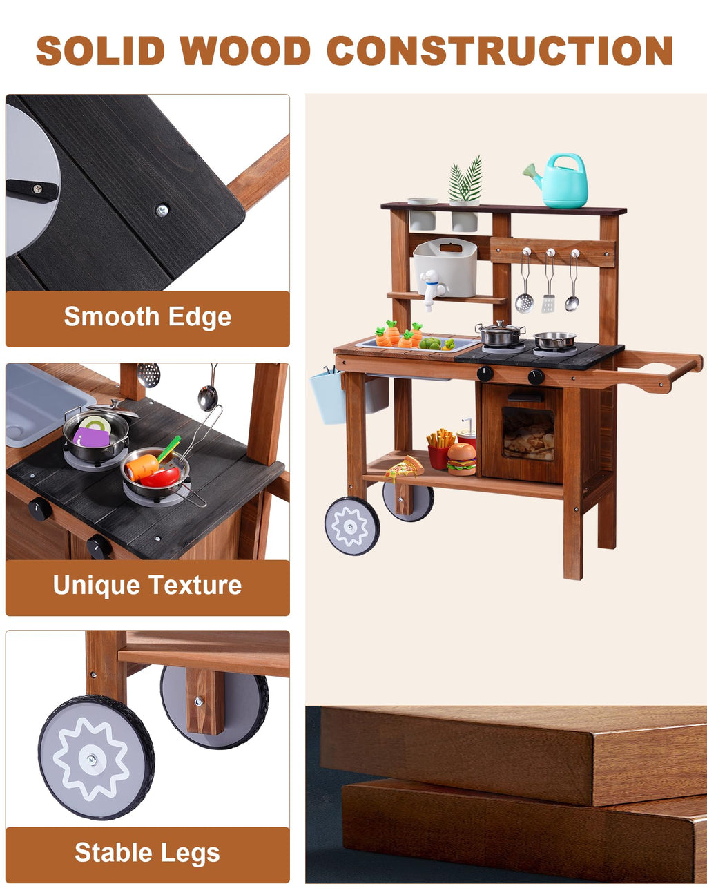 ROBOTIME Mud Kitchen for Kids Outdoor with Wheels, Fun Wooden Kid Kitchen