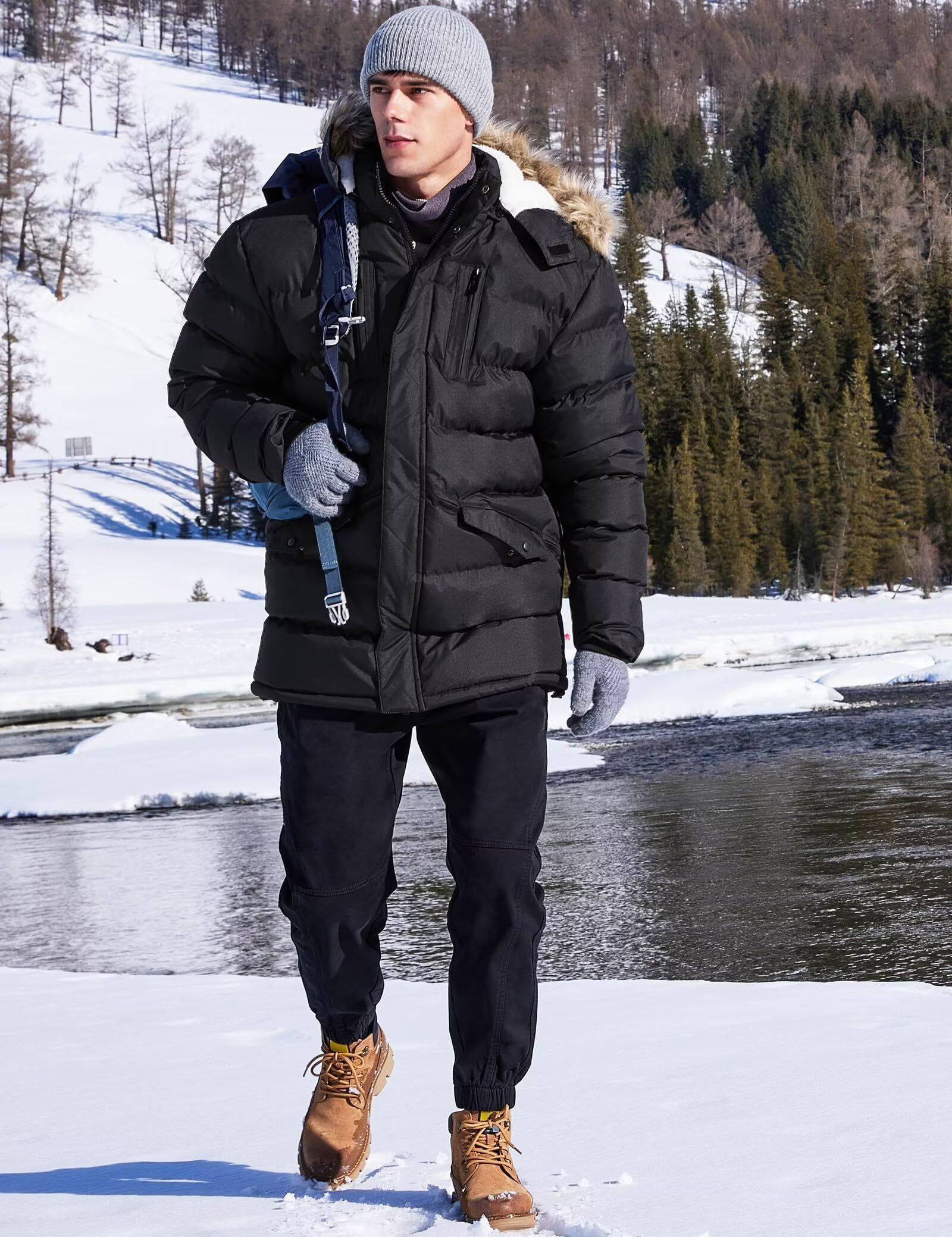 Mens Long Winter Coat Water Resistant Puffy Hooded Insulated Jacket