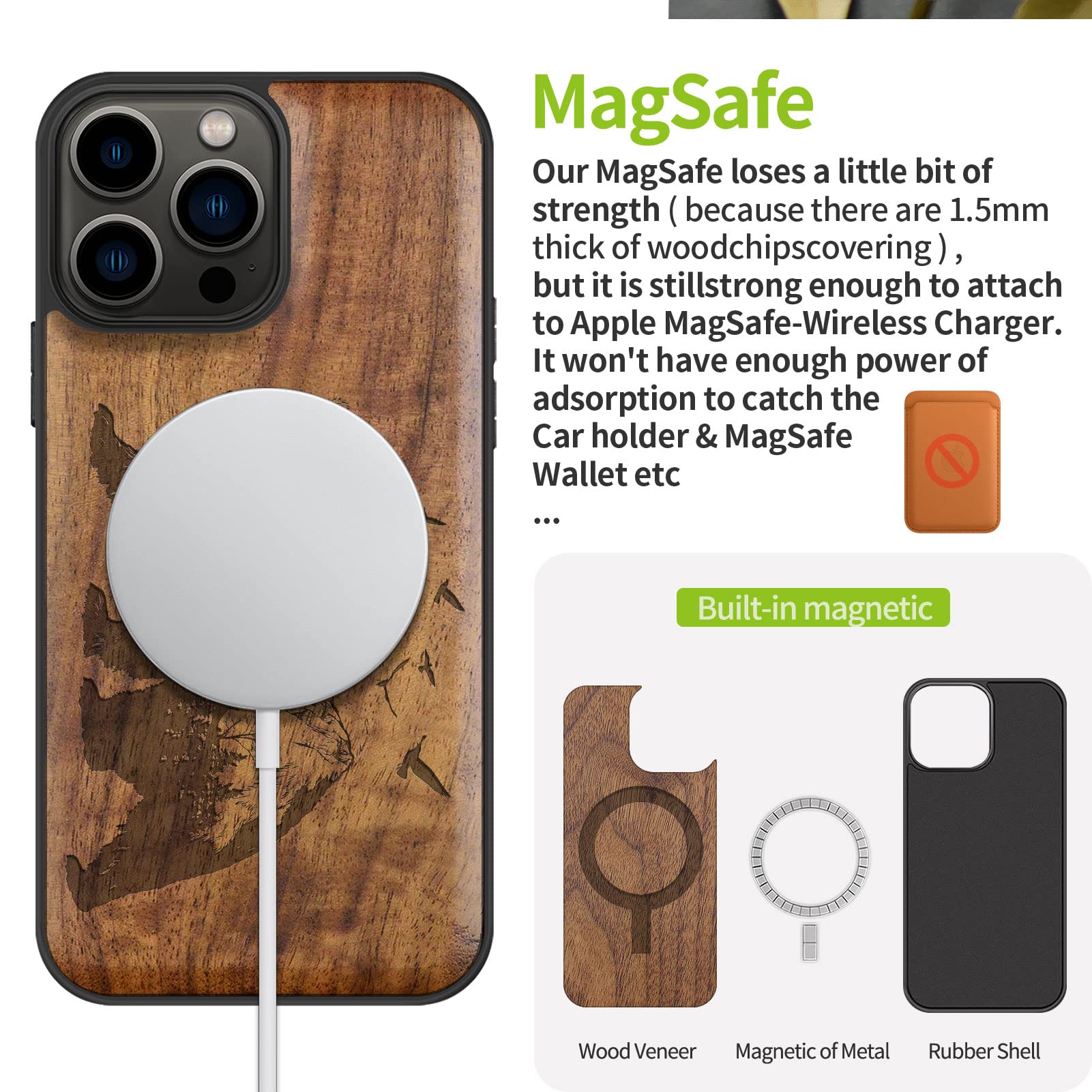 Carveit Magnetic Wood Case for iPhone 13 Pro Max [Natural Wood & Black Soft TPU]