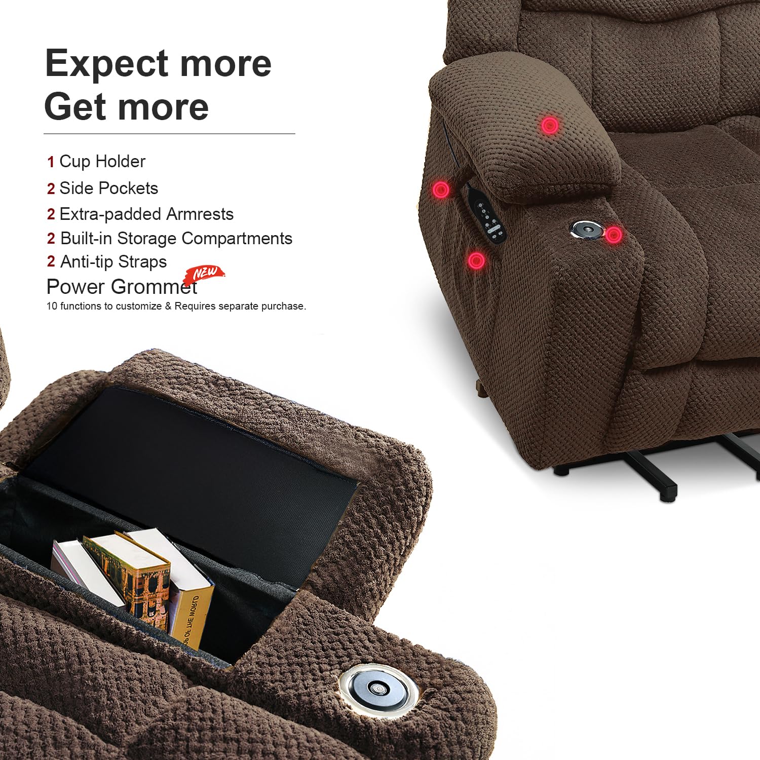 HOMYHOMEY Power Lift Recliner Chair for Living Room Elderly with Massage Recliners Footrest Cup Holder Oversized Electric Heated Reclining Single Sofa Chairs Storage (Brown)