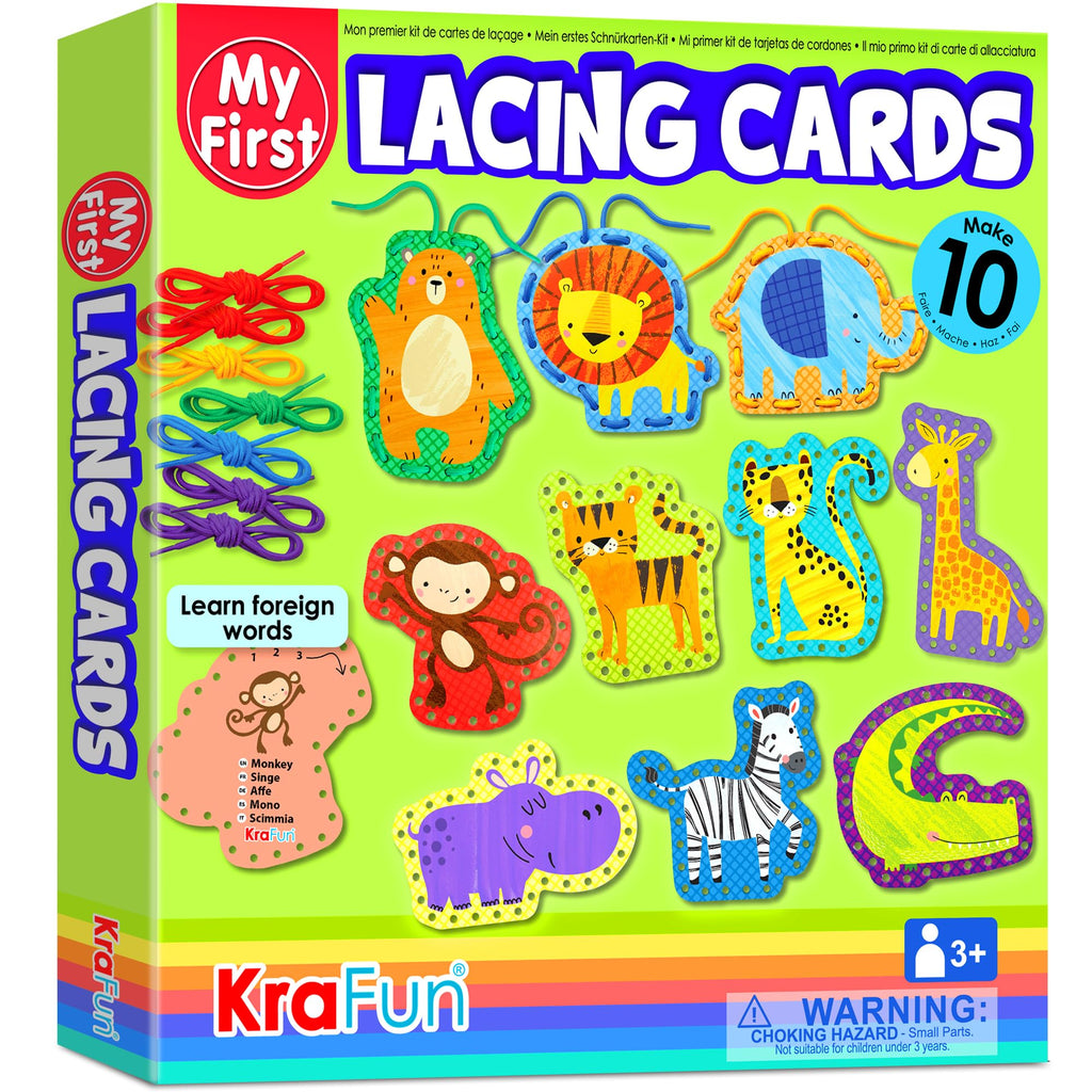 KRAFUN Safari Animal Preschool Arts & Crafts Lacing Kit, 10 Easy Lacing Cards