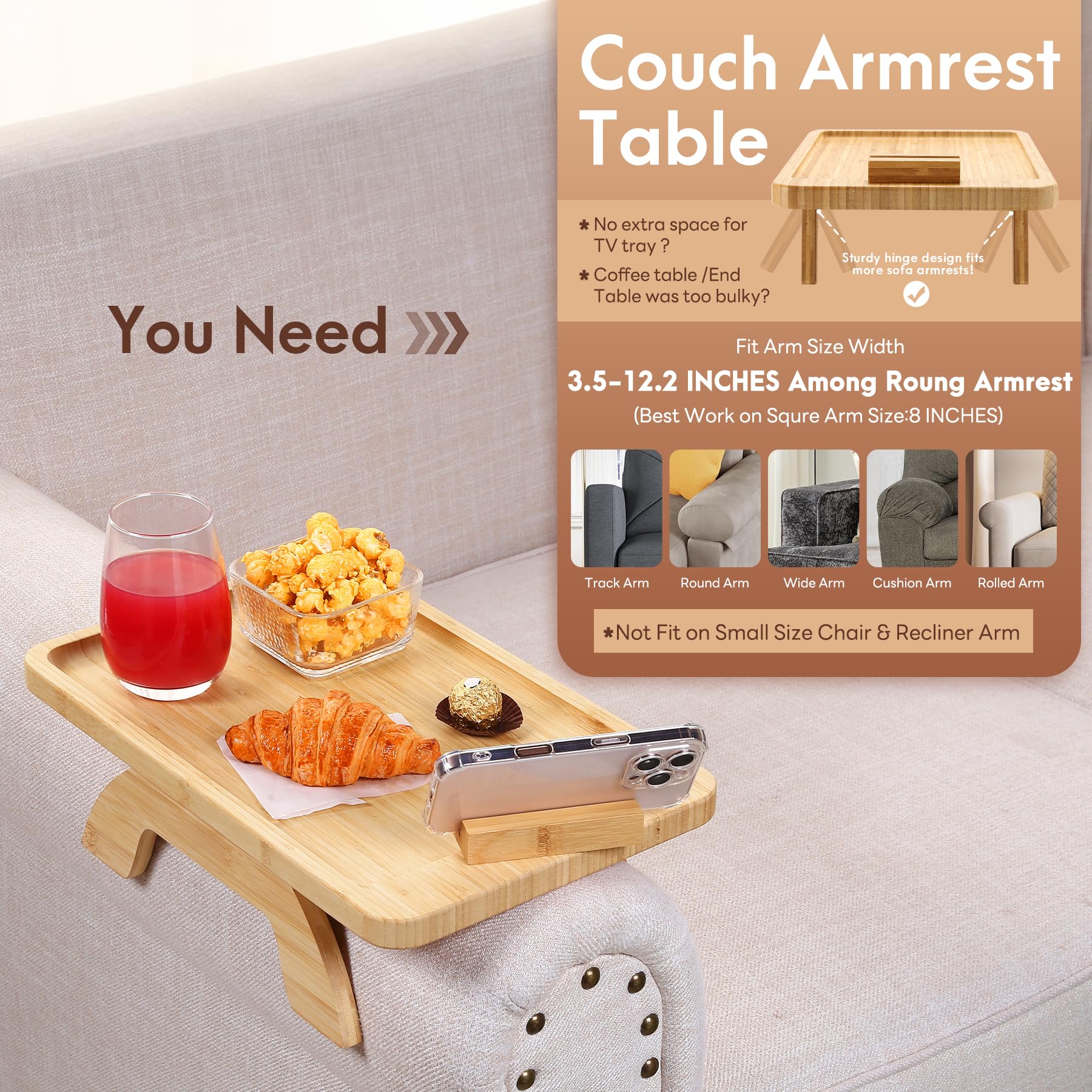 SINWANT Bamboo Couch Arm Tray Clip On Foldable Sofa Table with Phone Holder
