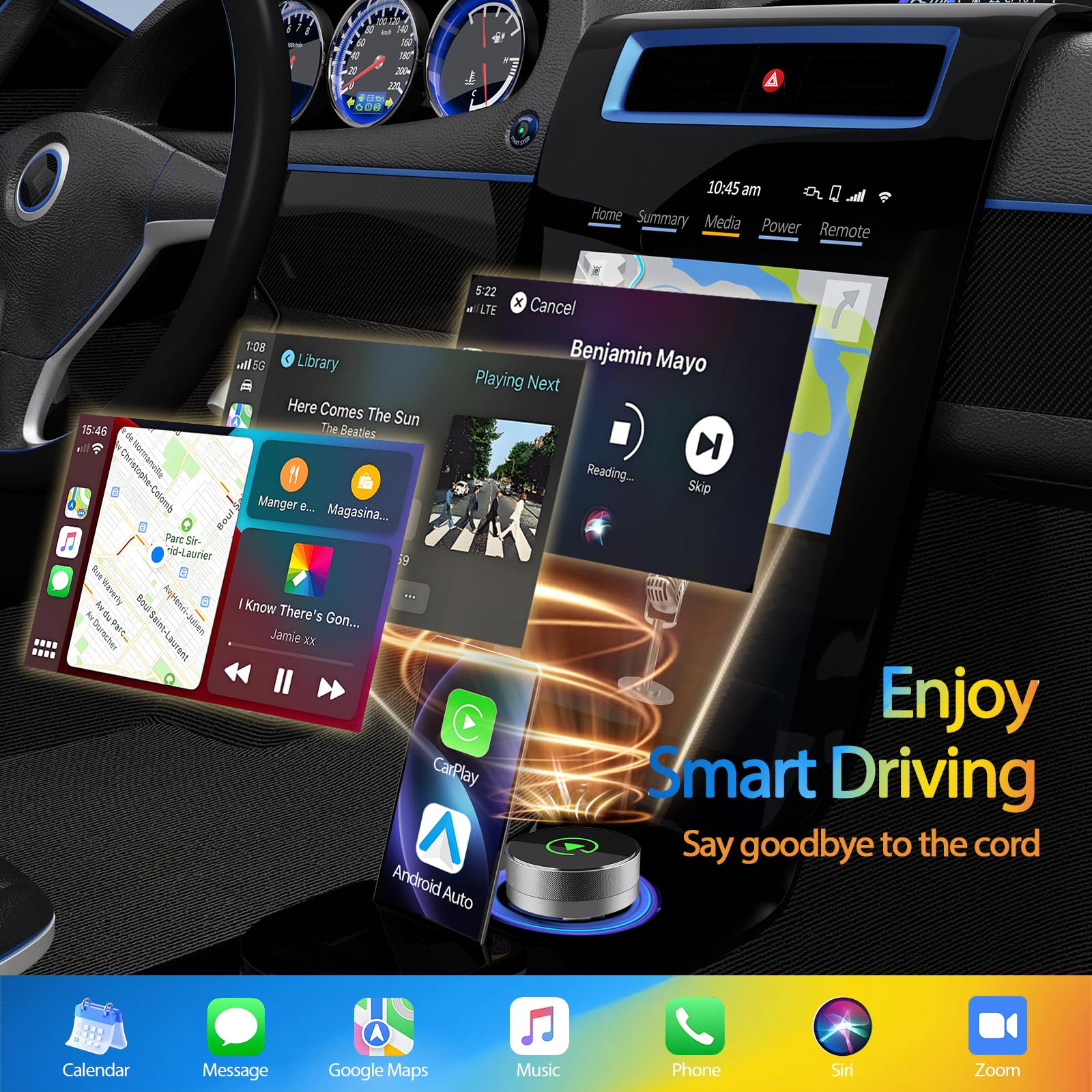 2-in-1 Wireless CarPlay Adapter for Apple iPhone & Android, Plug & Play, Auto