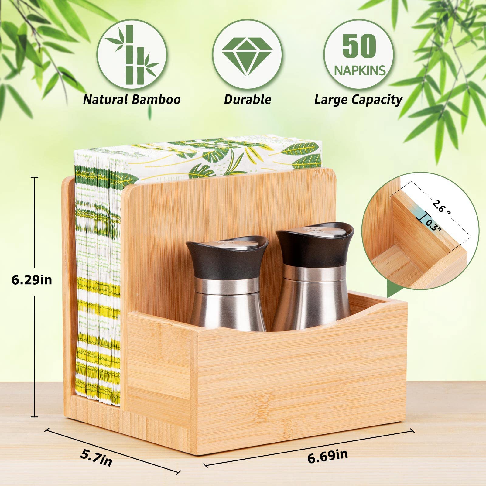 Bamboo Salt Pepper Napkin Holder Set Kitchen Dining Table Caddy Organizer