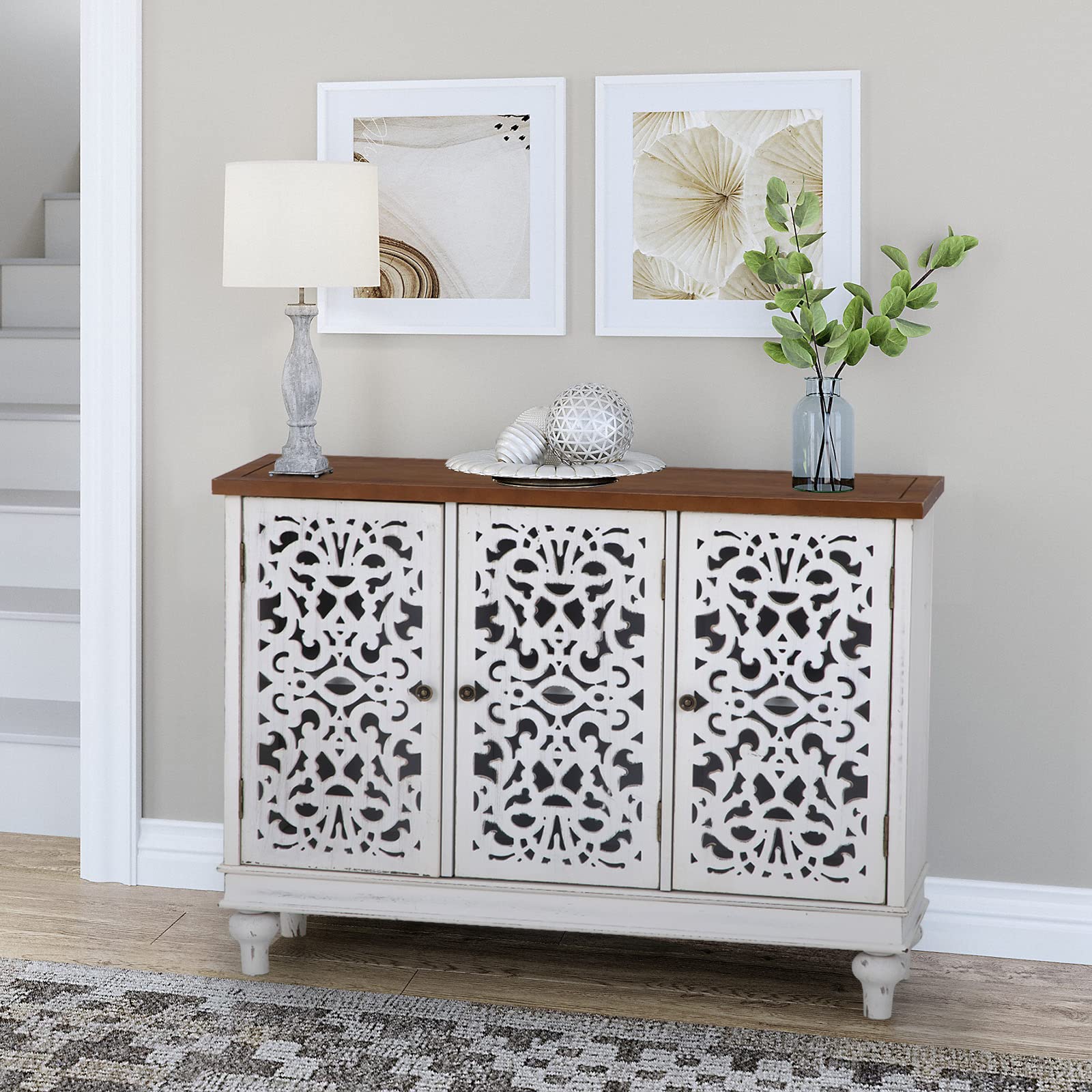 Sophia & William Sideboard and Buffet with Storage Cabinet 3-Door Hollow-Carved