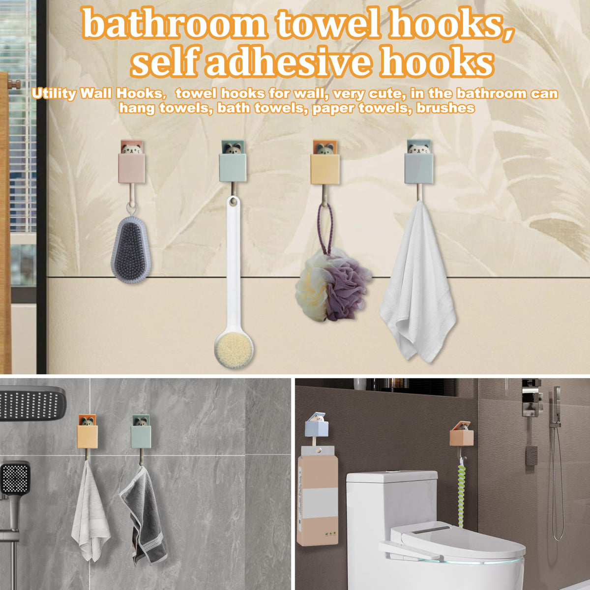 FUZSKWID 4Pcs Cute Self Adhesive Towel Hooks -Max Load 10LB,Heavy Duty Utility