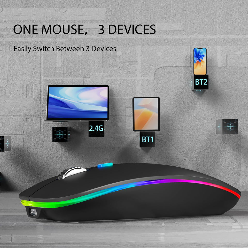 TENMOS Wireless Bluetooth Mouse, LED Slim (Bluetooth 5.1/5.0 + USB) 2.4GHz