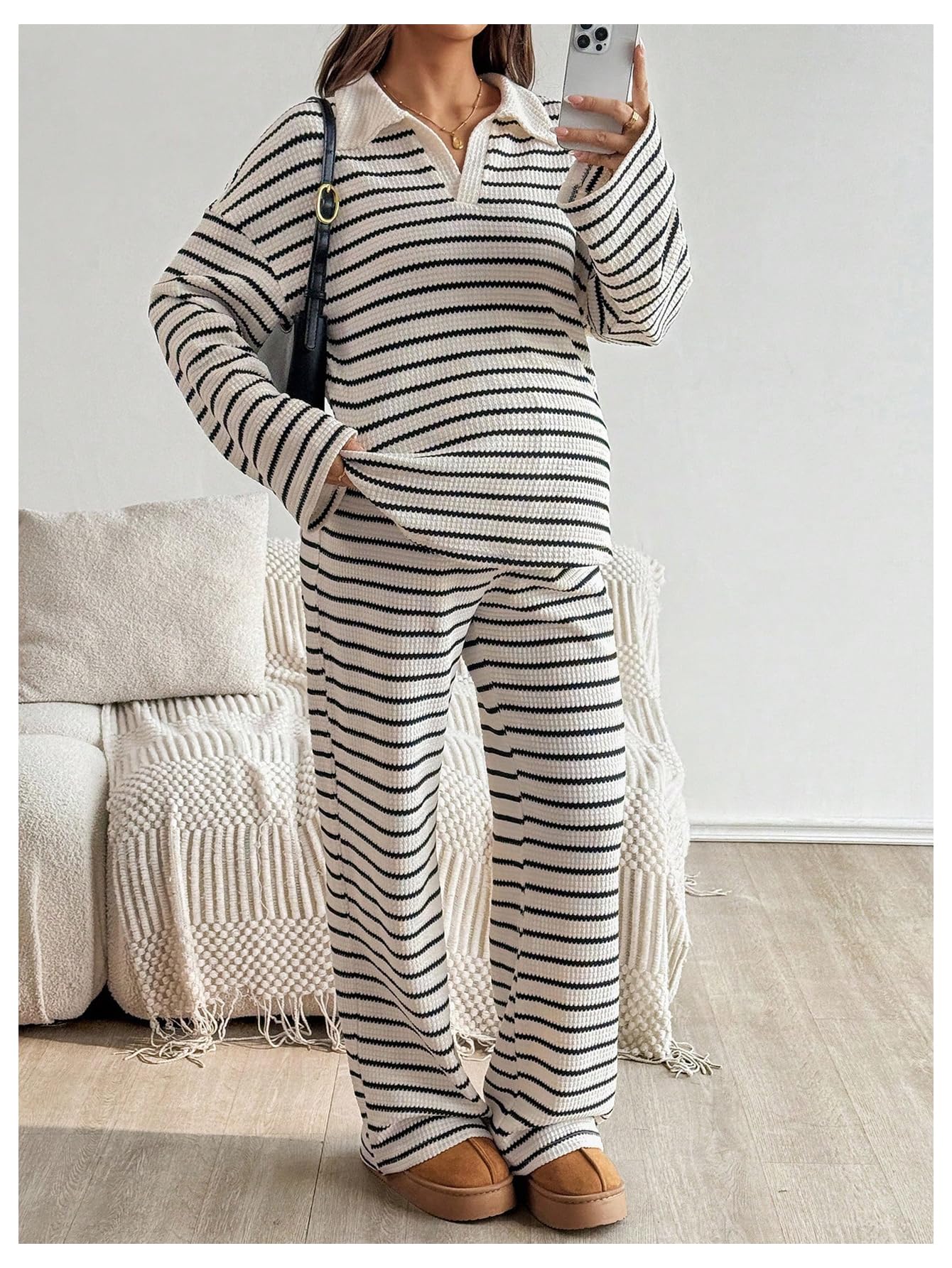 Verdusa Womens Maternity 2 Piece Set Striped Long Sleeve Top Pants Lounge Wear