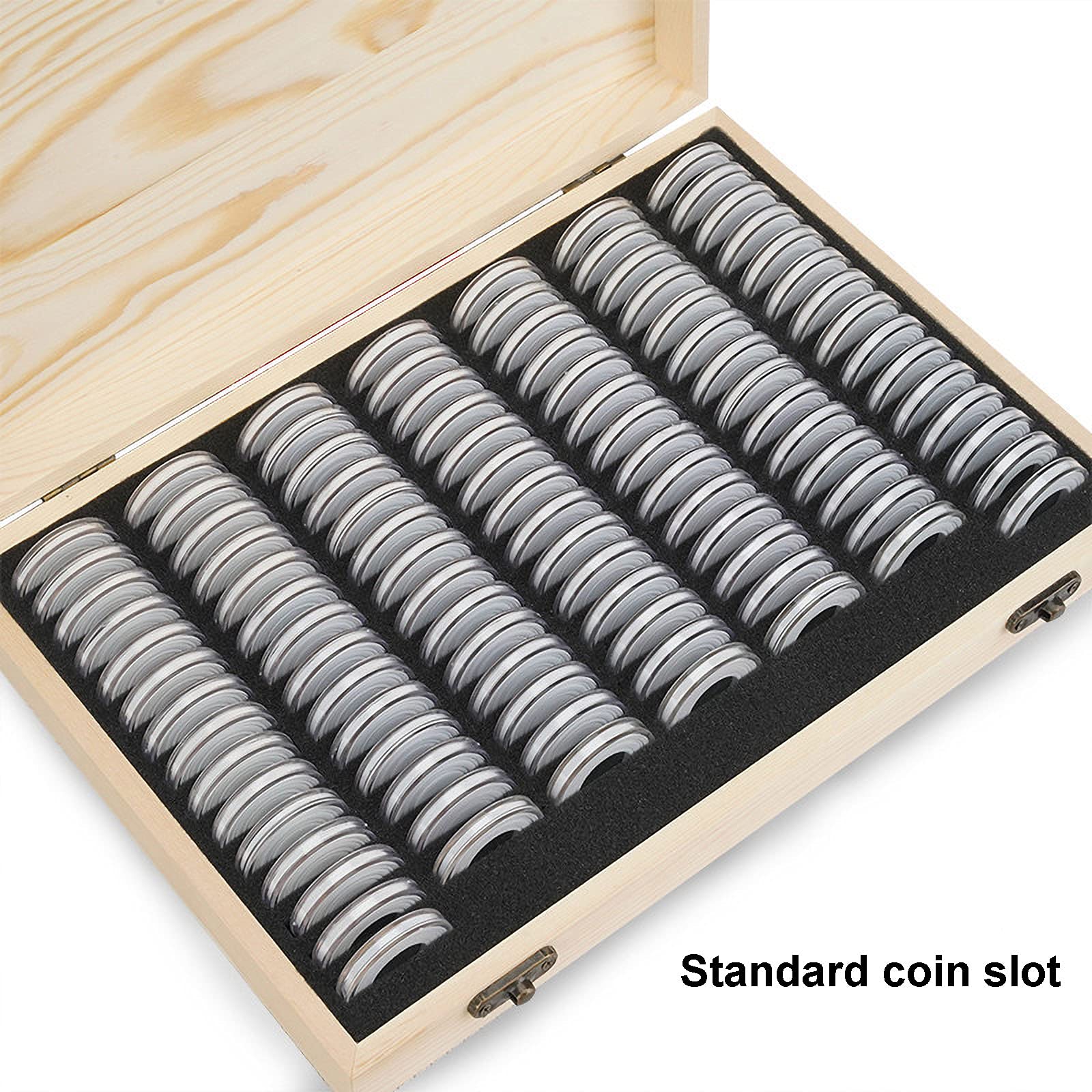 Wooden Coin Storage Box Holder w/ Foam Gaskets Display Case for 100 Coins
