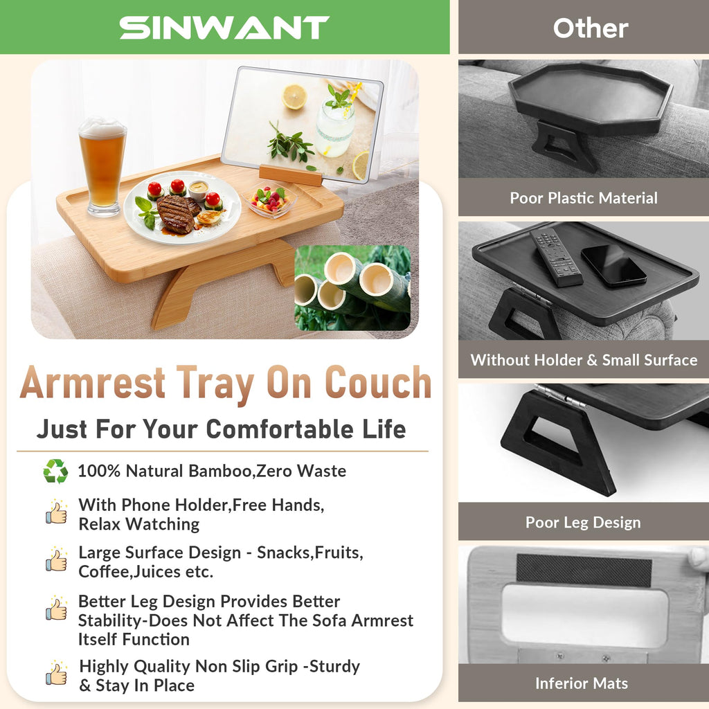 SINWANT Bamboo Couch Arm Tray Clip On Foldable Sofa Table with Phone Holder