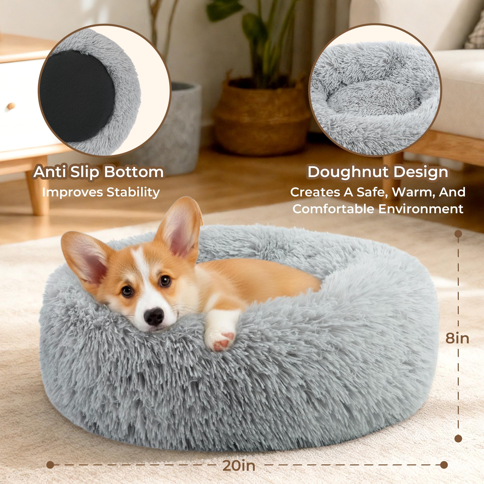 Calming Donut Dog and Cat Bed for Indoor Cats, Anti-Anxiety Round Fluffy Soft