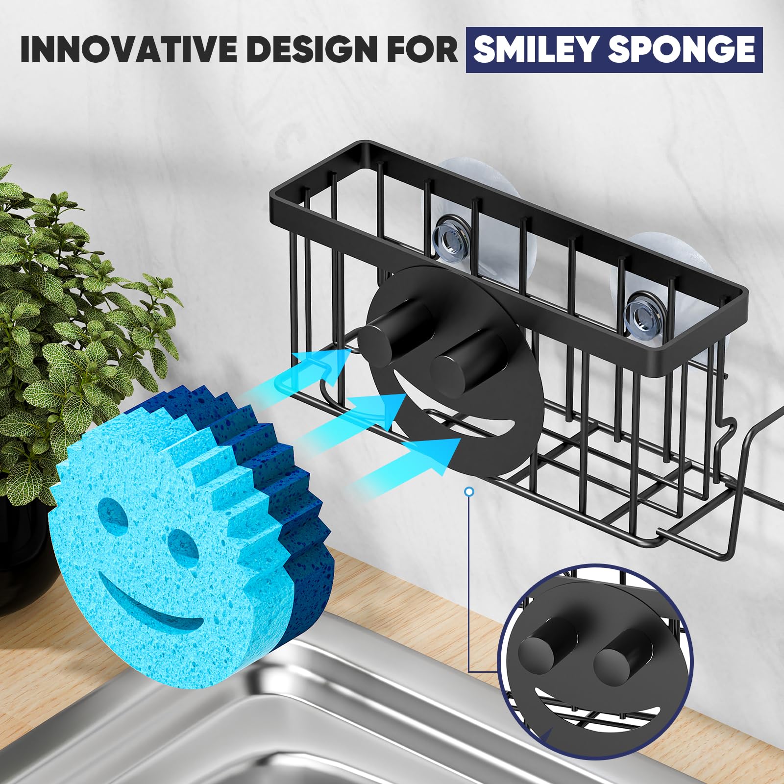MURLONG Sponge Holder for Kitchen Sink,Sink Caddy Smiley Face,4-in-1 Sponge