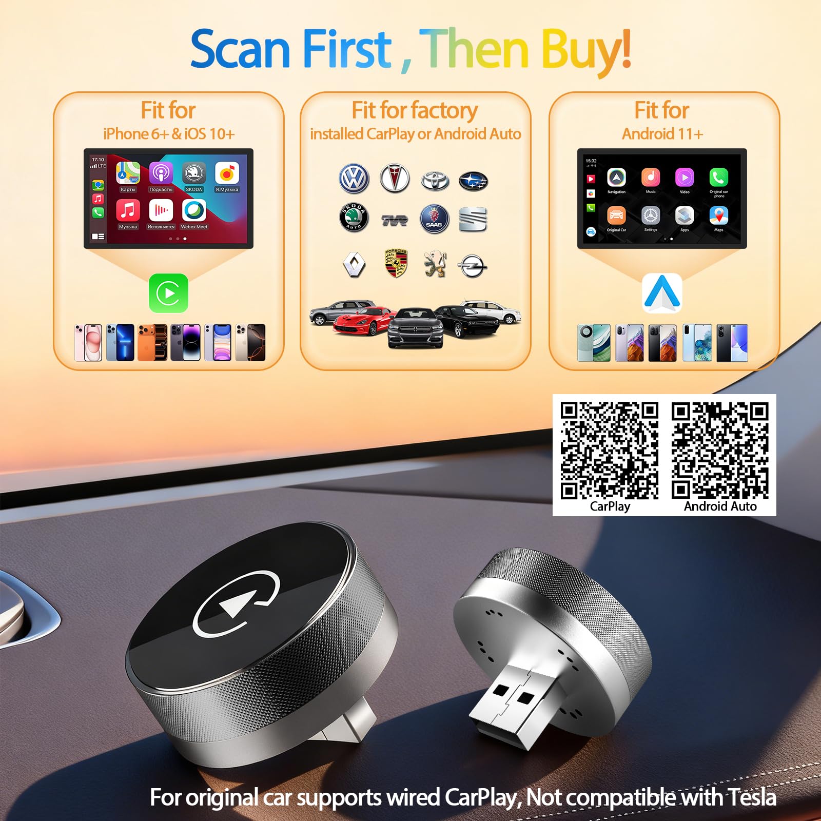 2-in-1 Wireless CarPlay Adapter for Apple iPhone & Android, Plug & Play, Auto