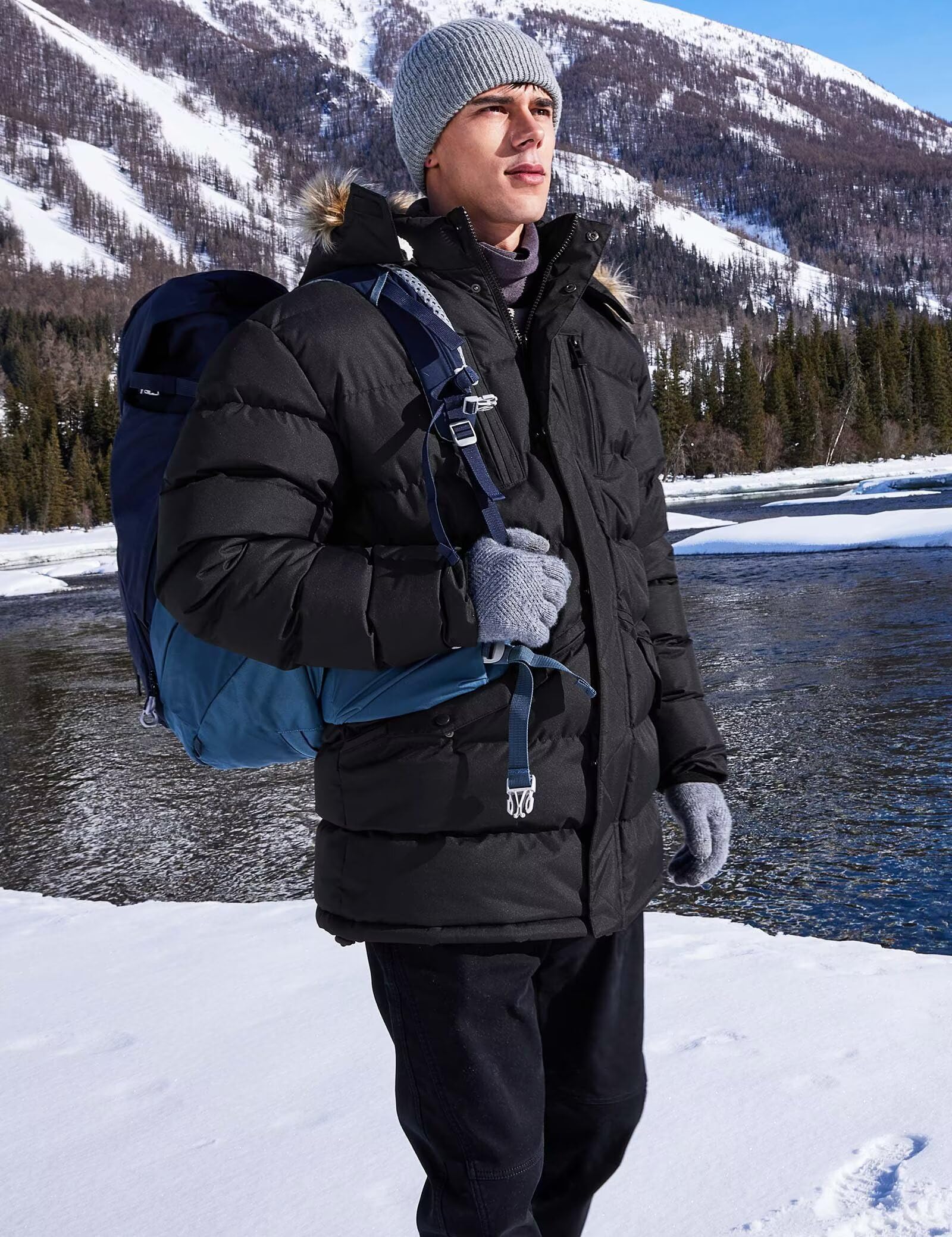 Mens Long Winter Coat Water Resistant Puffy Hooded Insulated Jacket