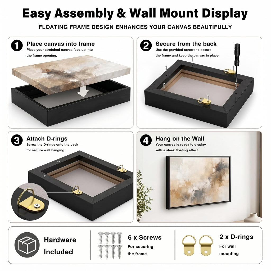Canvas Floater Frame for Finished Canvas Art, 1.25" Deep Floating Shadow Gap