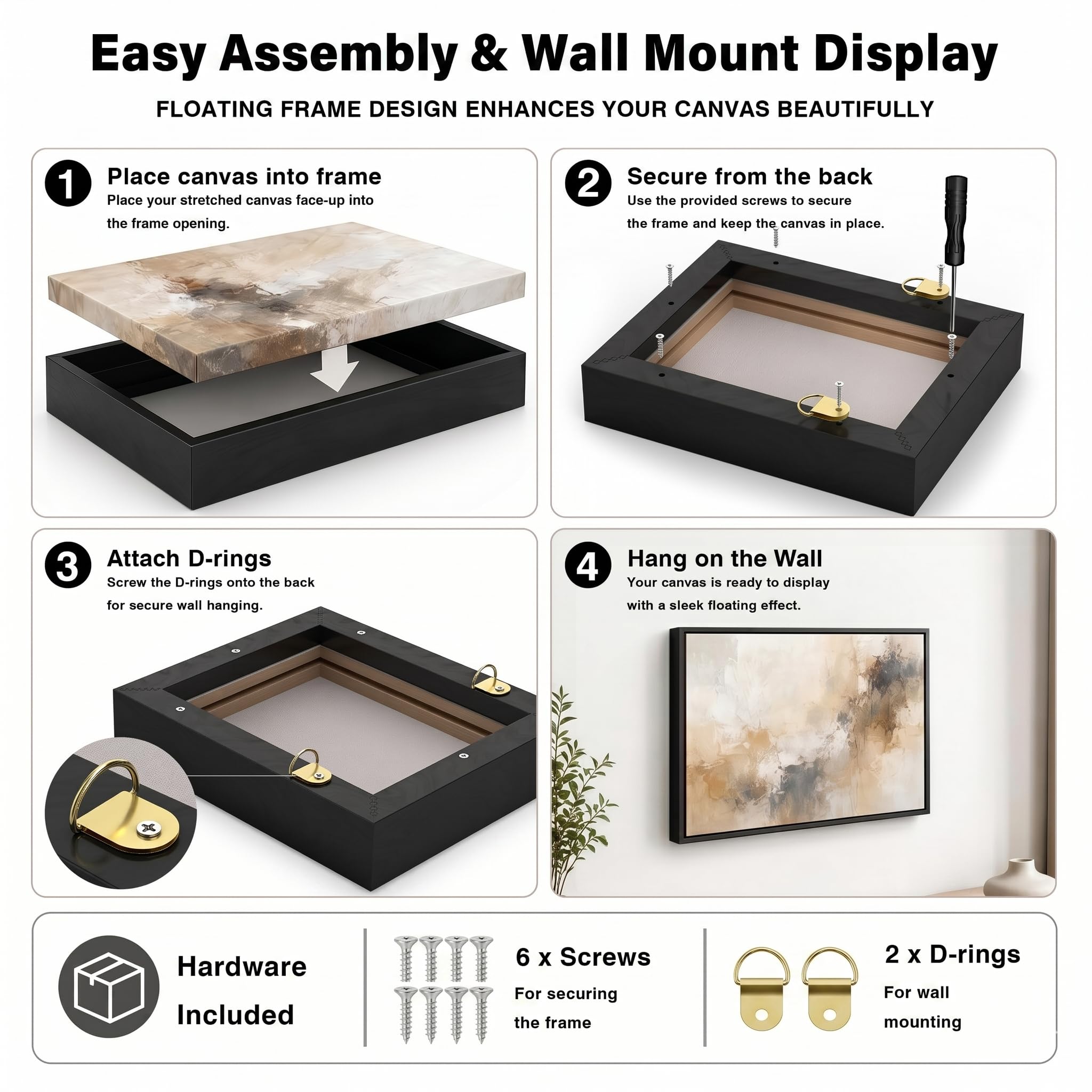 Canvas Floater Frame for Finished Canvas Art, 1.25" Deep Floating Shadow Gap