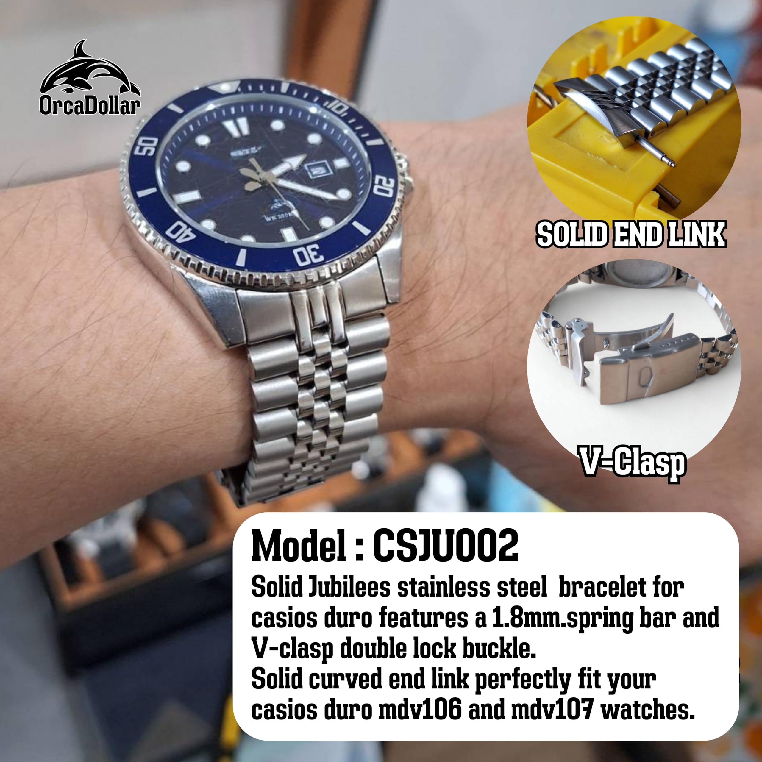 CSJU002 Solid jubilee Stainless Steel Watch Band for Casio Duro MDV106 / MDV107