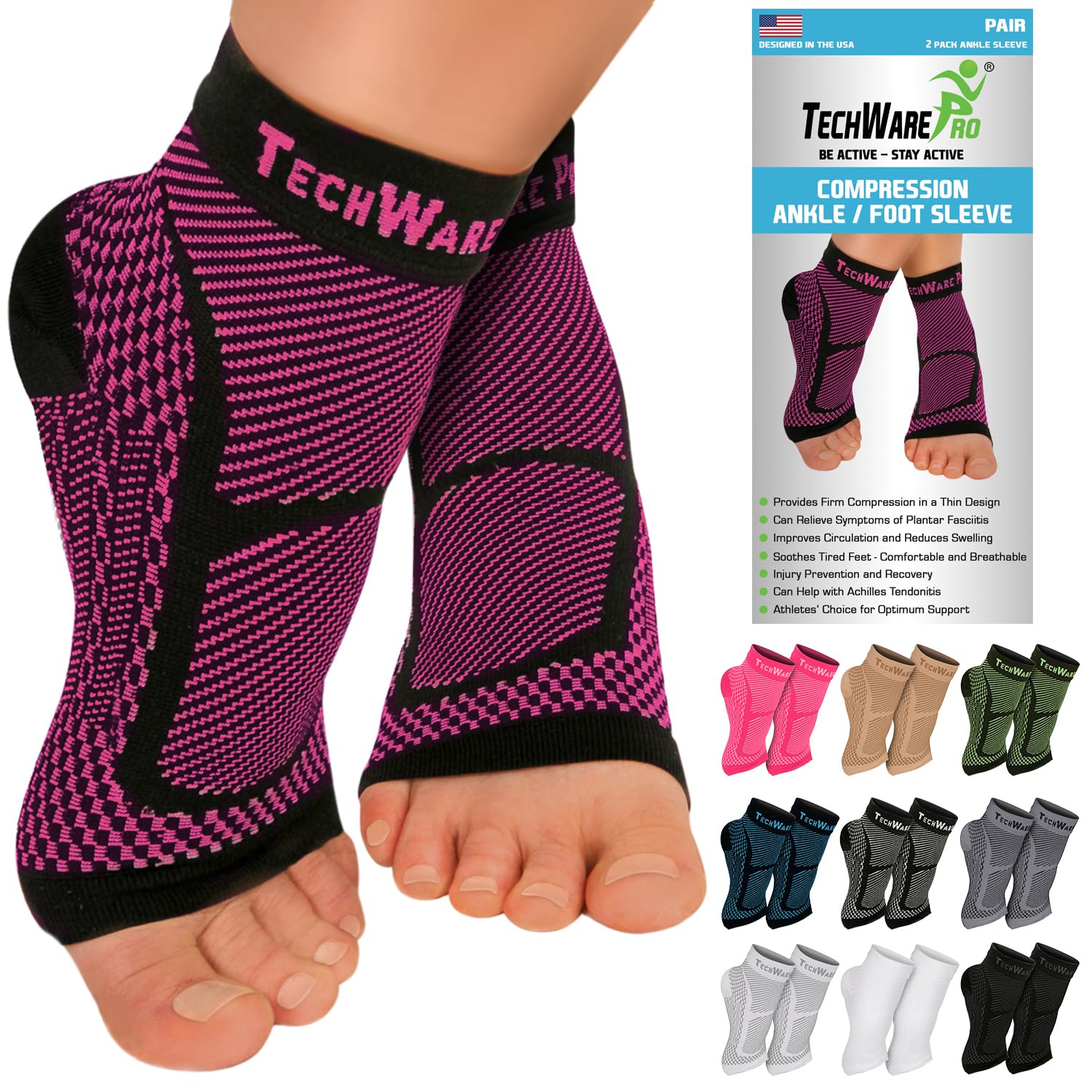 TechWare Pro Ankle Brace Compression Sleeve - Relieves Achilles Tendonitis,