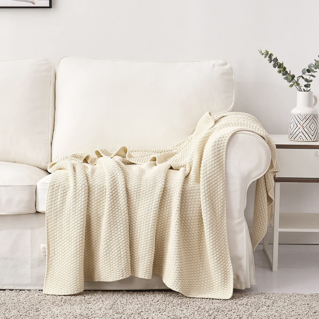 Longhui bedding 100% Cotton Knitted Throw Blanket – Cream, Soft & Cozy, Machine