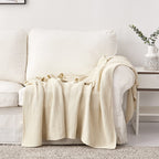 Longhui bedding 100% Cotton Knitted Throw Blanket – Cream, Soft & Cozy, Machine