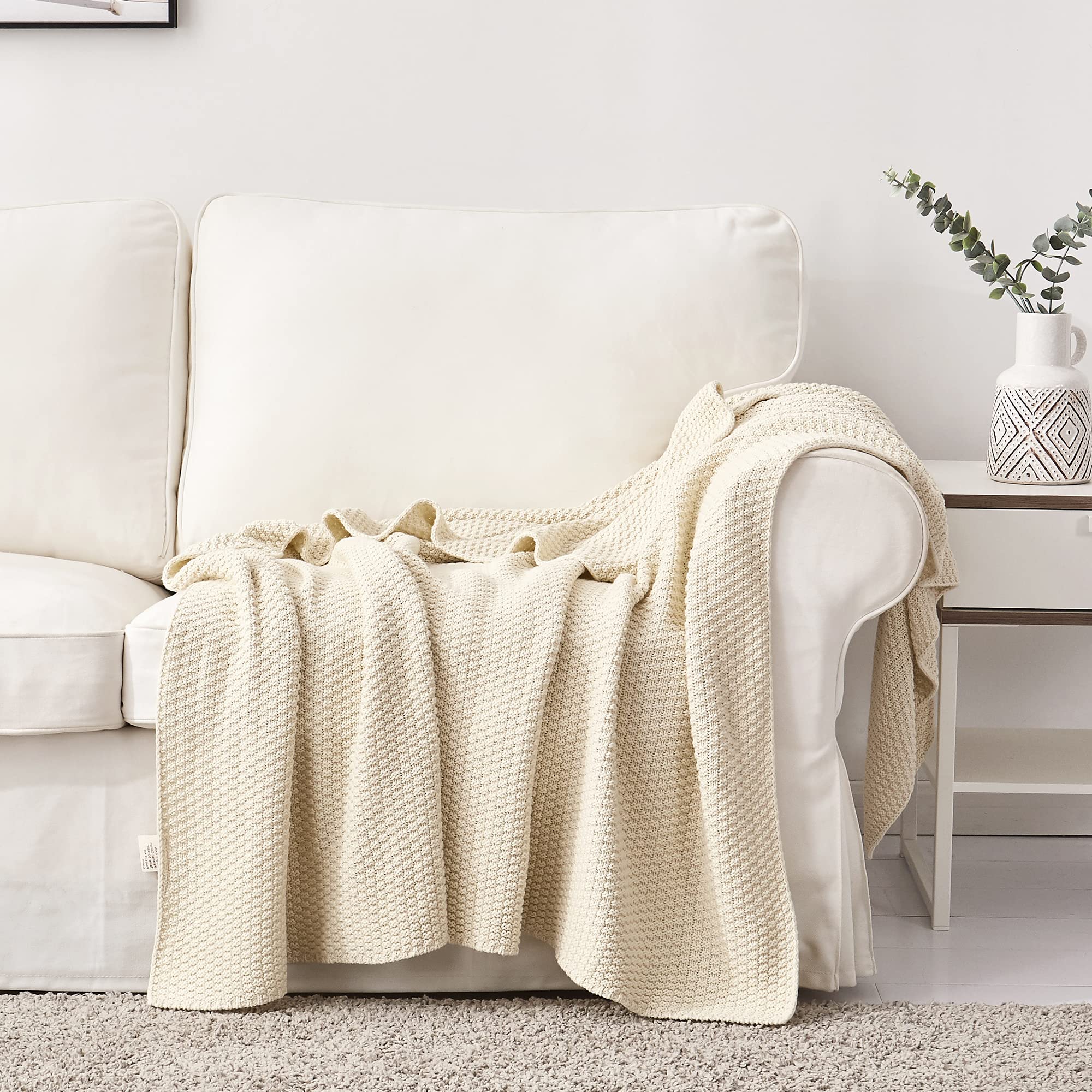 Longhui bedding 100% Cotton Knitted Throw Blanket – Cream, Soft & Cozy, Machine