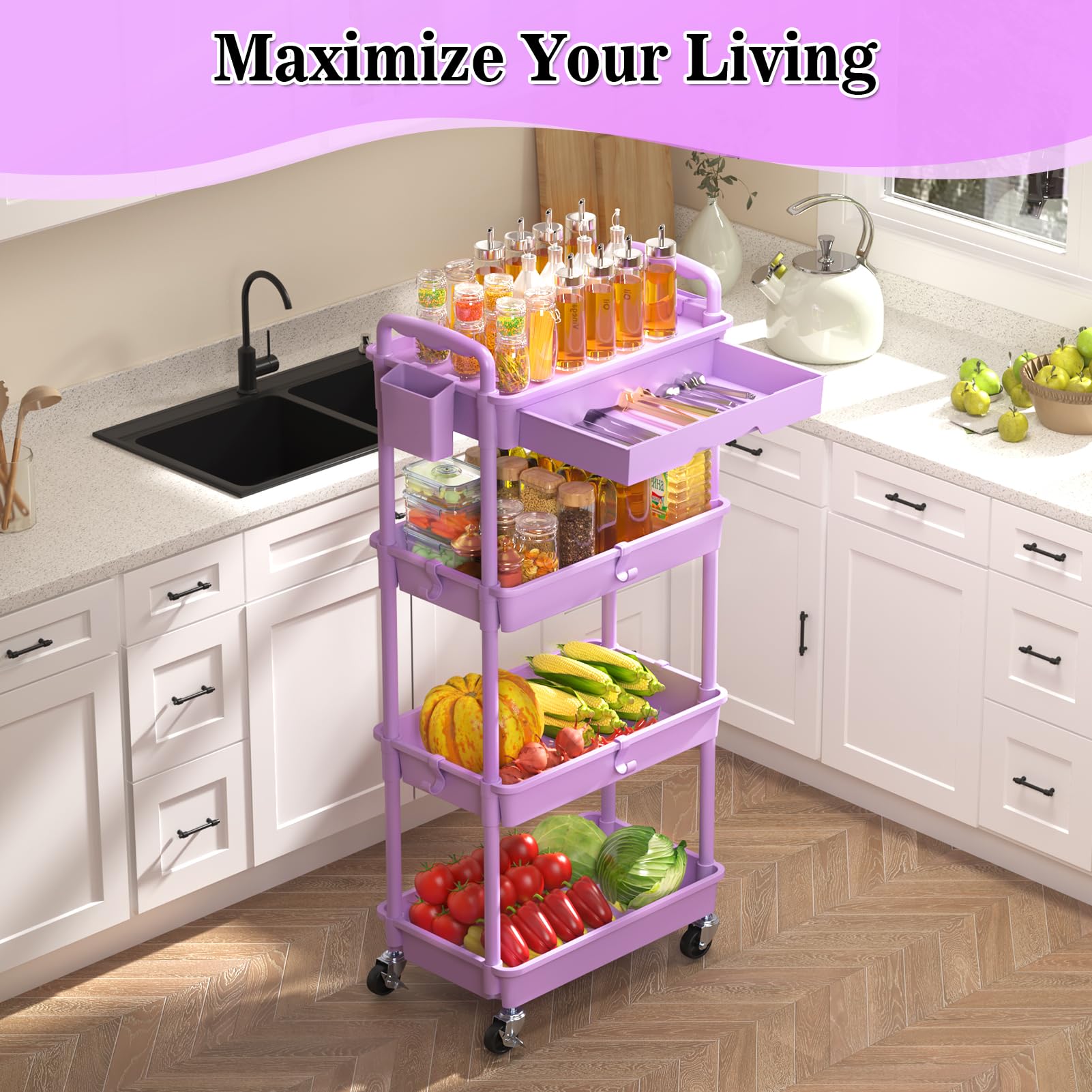 SUNALLY 4 Tier Rolling Cart Organizer w/ Drawer Storage Cart Purple Wheels