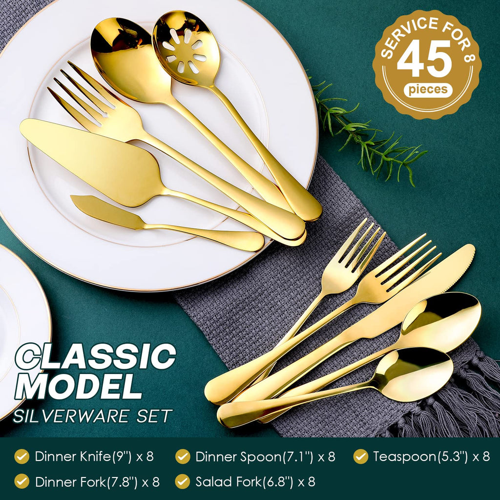 Gold Silverware Set for 8, OGORI 45-Piece Stainless Steel Flatware Set with