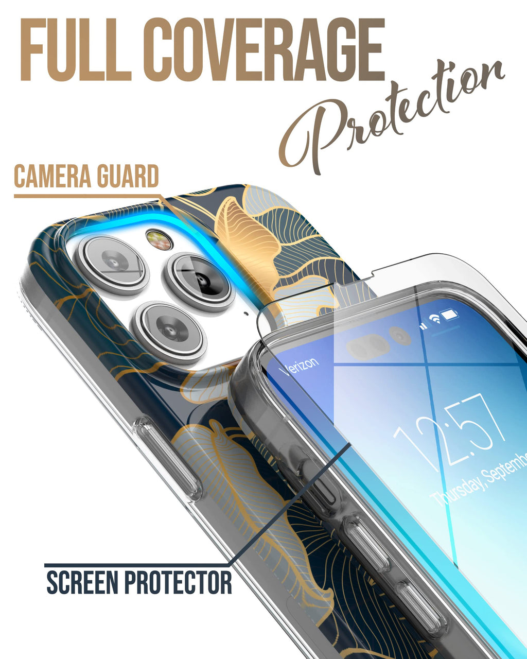 ENCASED iPhone 14 Pro Max Finger Strap Case Screen Protector Blue Gold Leaf
