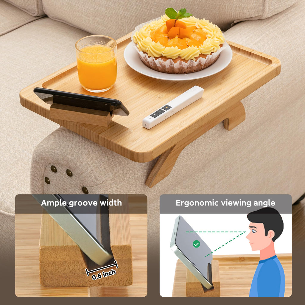 SINWANT Bamboo Couch Arm Tray Clip On Foldable Sofa Table with Phone Holder