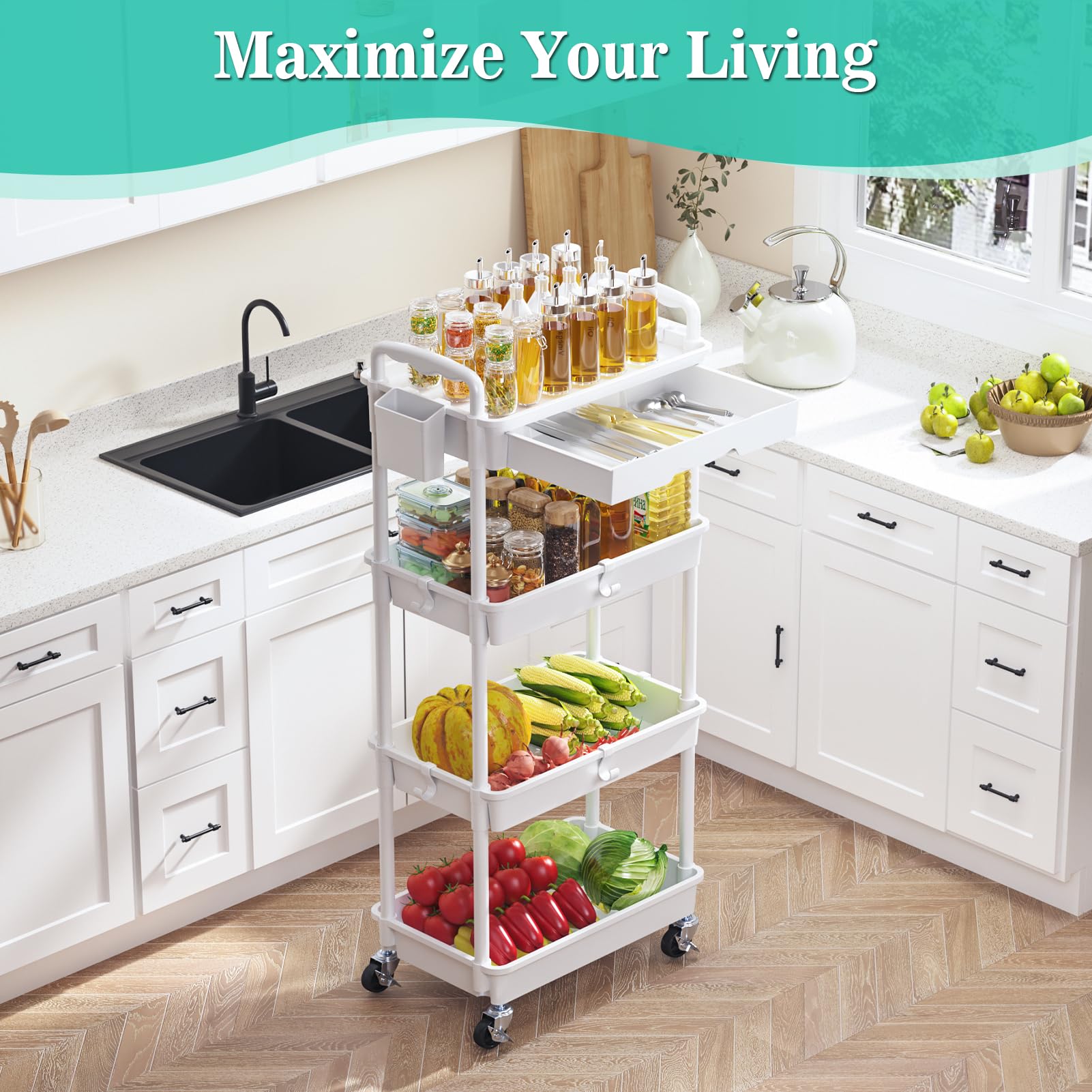 SUNALLY 4 Tier Rolling Utility Cart with Drawer Storage Organizer Cart