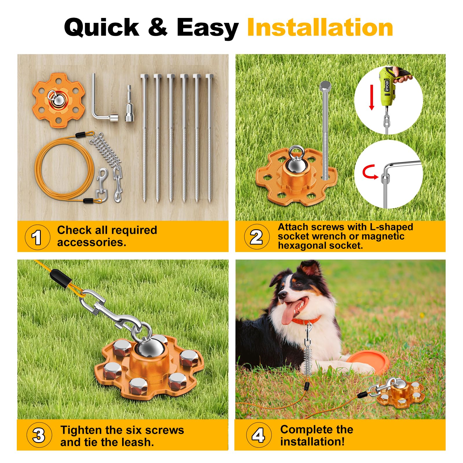 Tivray Dog Tie Out Stake and Cable, 360° Swivel Stake No Tangle, Heavy Duty