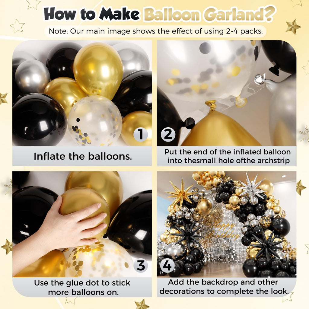 PTGOLUO Black Gold and Silver Balloon Arch Garland Kit 153pcs with Star, 22 18