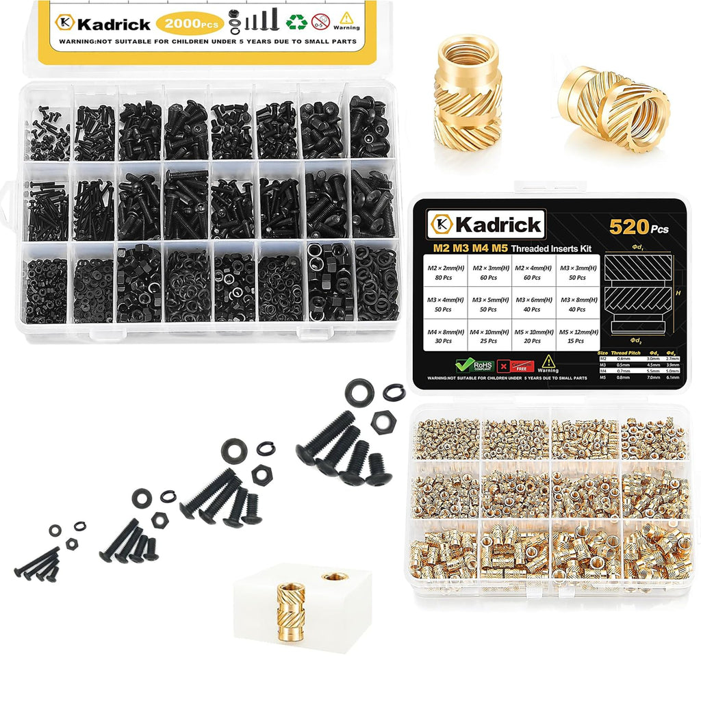 Kadrick 2520PCS Heat Set Inserts & Hex Socket Screw Assortment M2-M5 Black