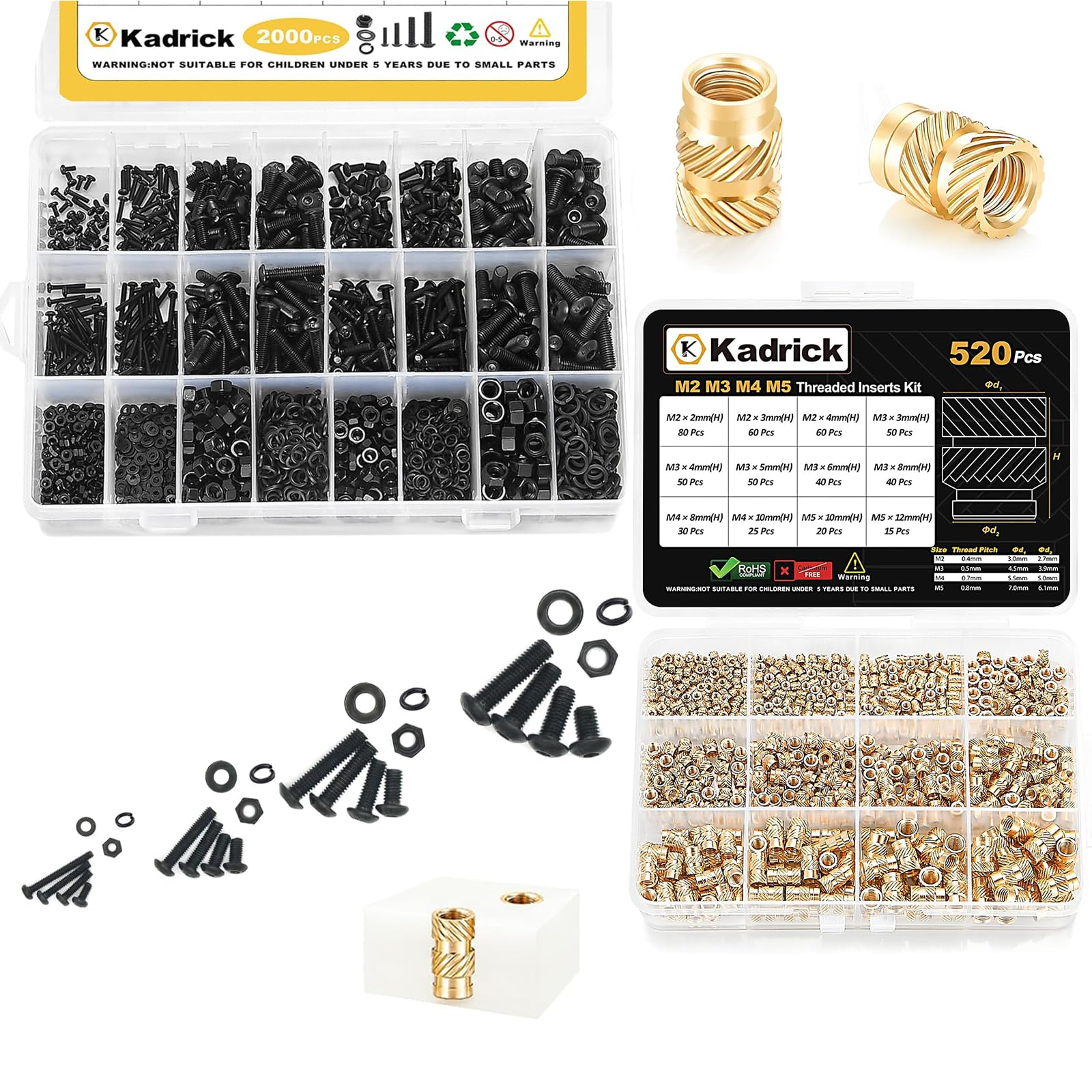 Kadrick 2520PCS Heat Set Inserts & Hex Socket Screw Assortment M2-M5 Black
