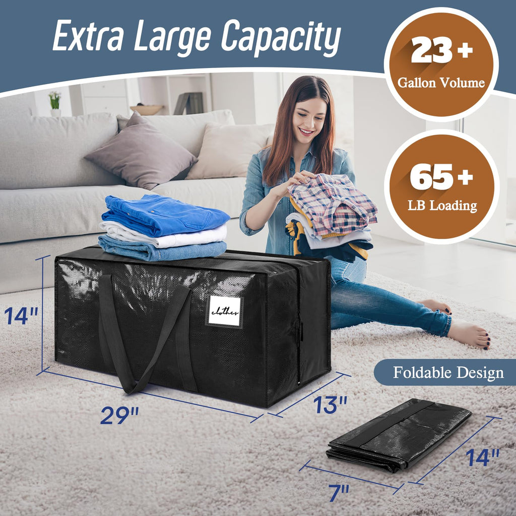 6 Pack Heavy Duty Moving Bags Large Storage Totes with Zipper Handles Black