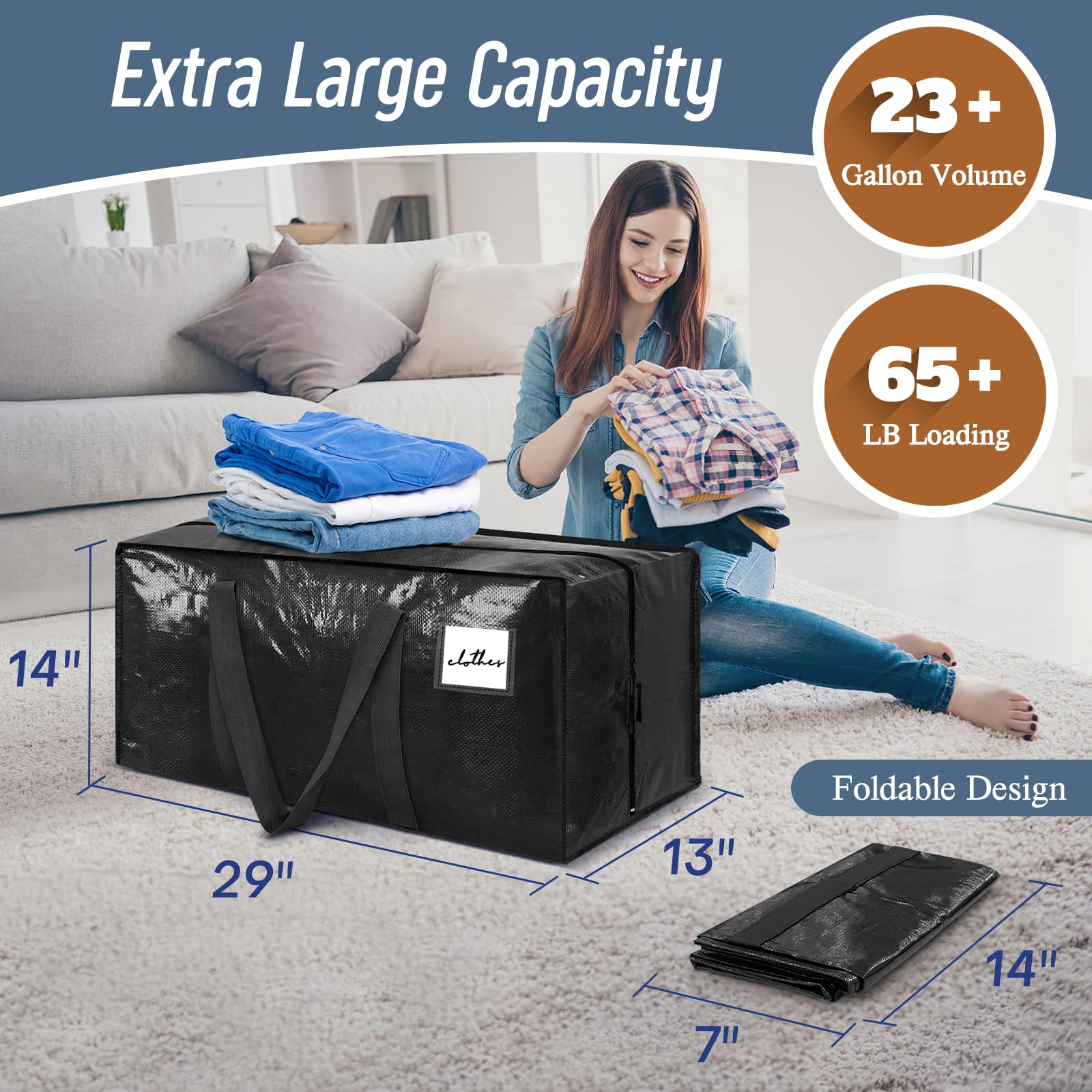 6 Pack Heavy Duty Moving Bags Large Storage Totes with Zipper Handles Black