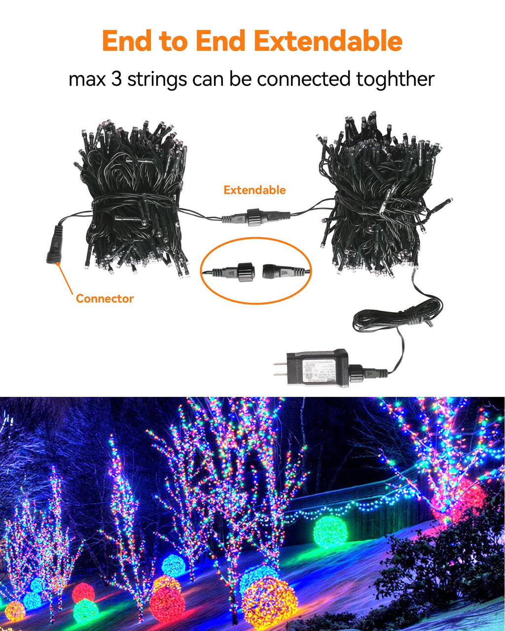 Blingstar Christmas String Lights - 98.4 Ft+9.8 Ft 300 LED Extendable Plug-in 8