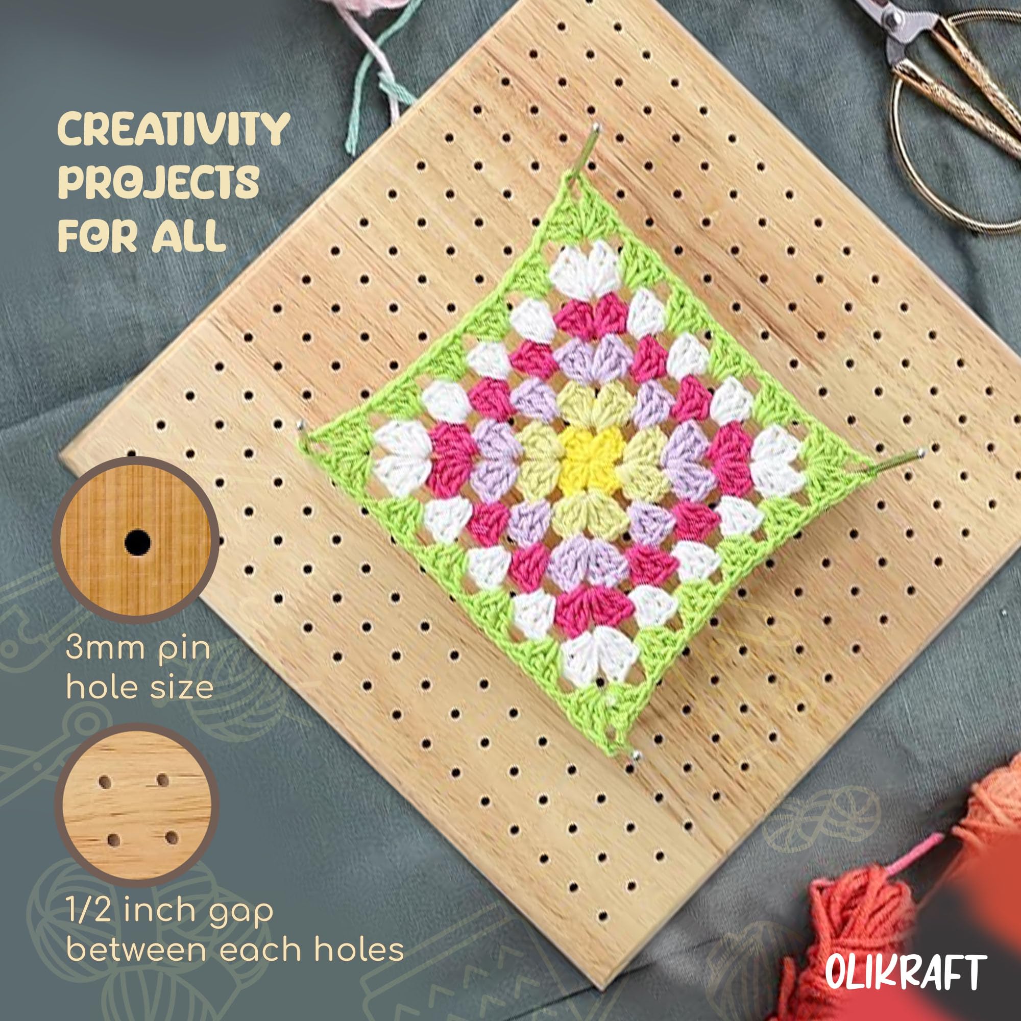 Olikraft 9.5" Crochet Blocking Board with Pegs 15 Pins - Granny Square Blocking