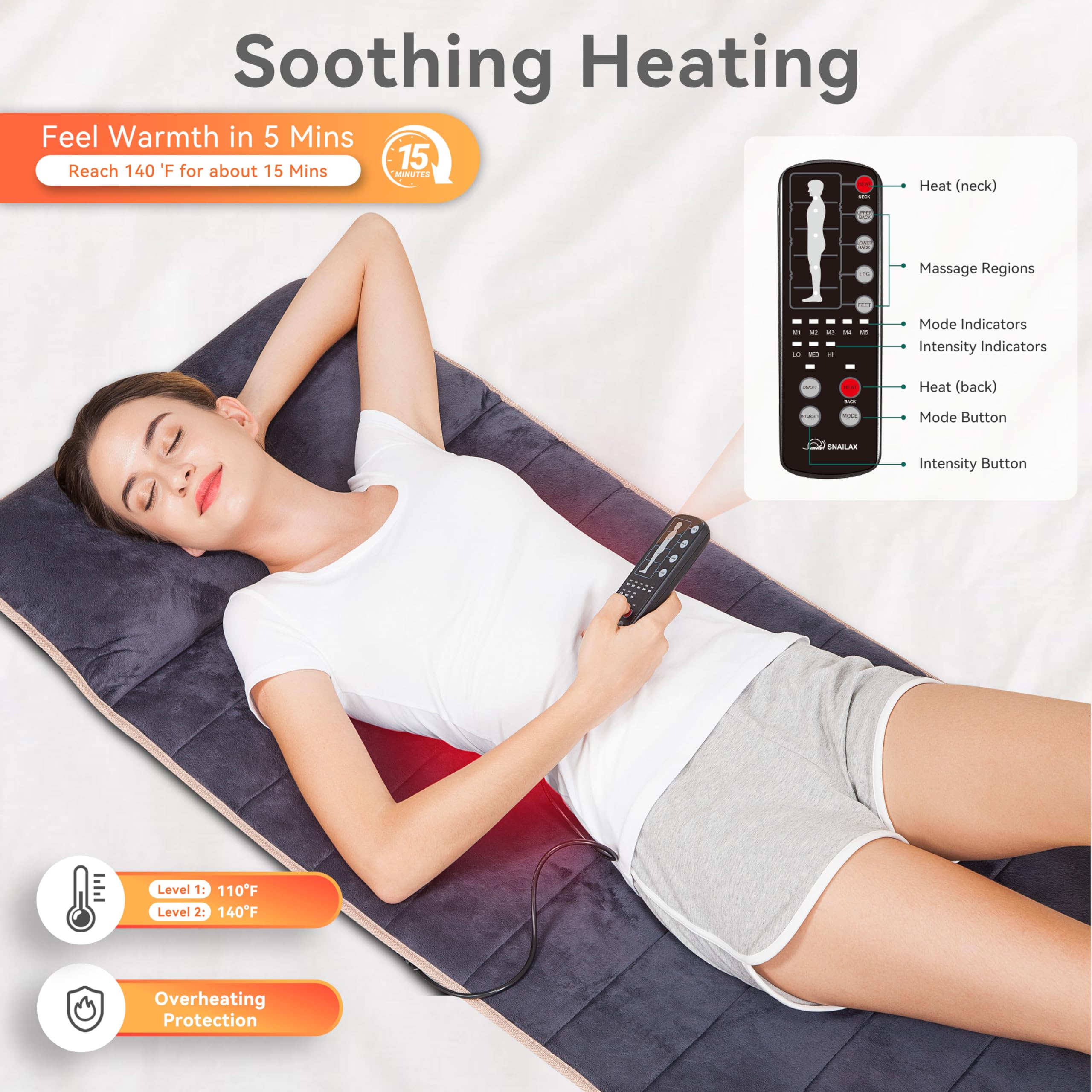 Snailax Memory Foam Massage Mat with Heat, 10 Vibrating Motors Full Body
