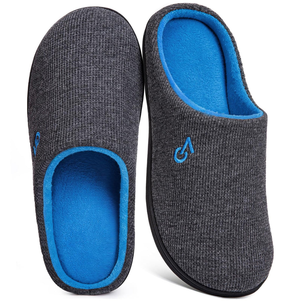 VeraCosy Mens Memory Foam Slippers Indoor Outdoor Rubber Sole (Dark Gray/Blue,