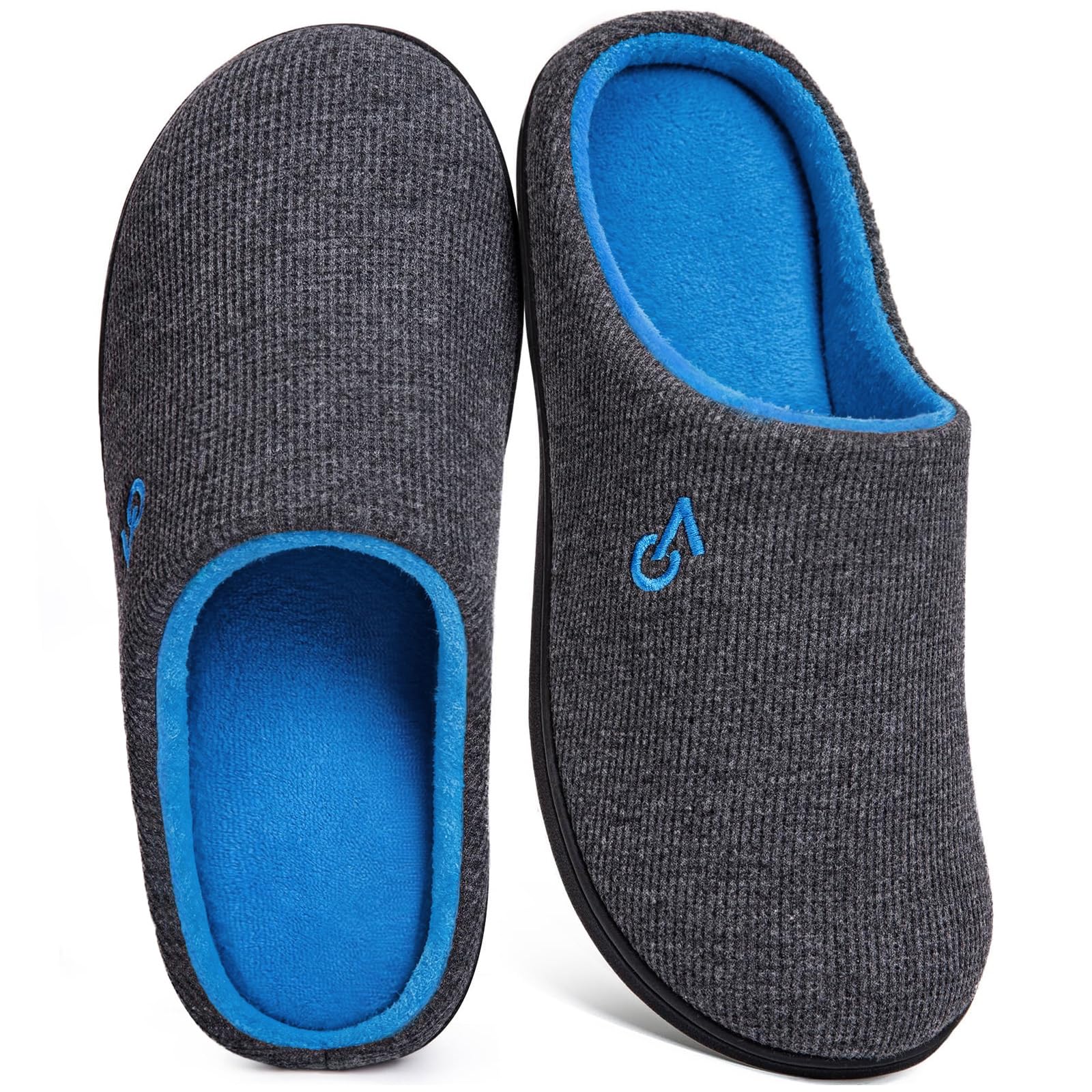 VeraCosy Mens Memory Foam Slippers Indoor Outdoor Rubber Sole (Dark Gray/Blue,