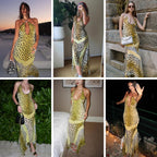 Caviotess Women’s Sexy Halter Backless Leopard Print Maxi Dress Irregular Hem