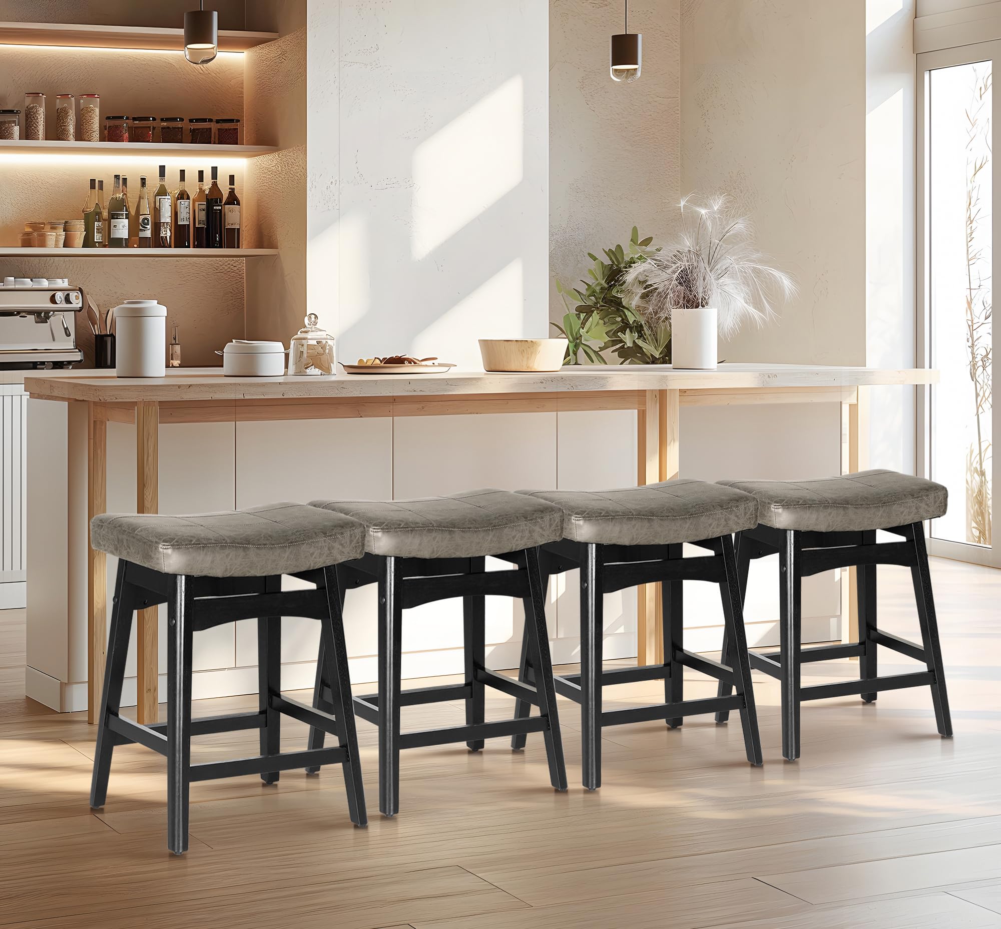 Erste!Bravo Grey Solid Wood Bar Stools Set of 2 for Kitchen Counter Height