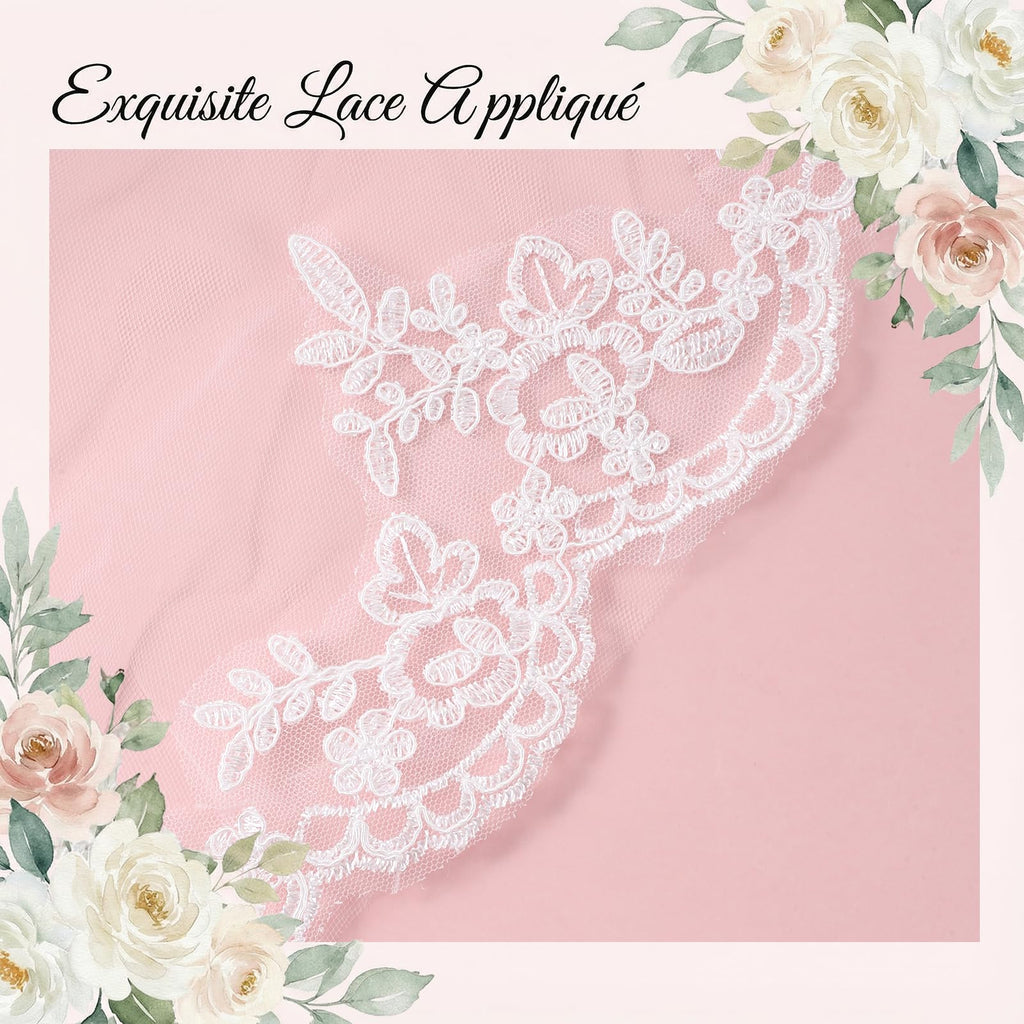 Josojoou White Wedding Bridal Veil, (Comb not included) 1 Tier Floral Edge