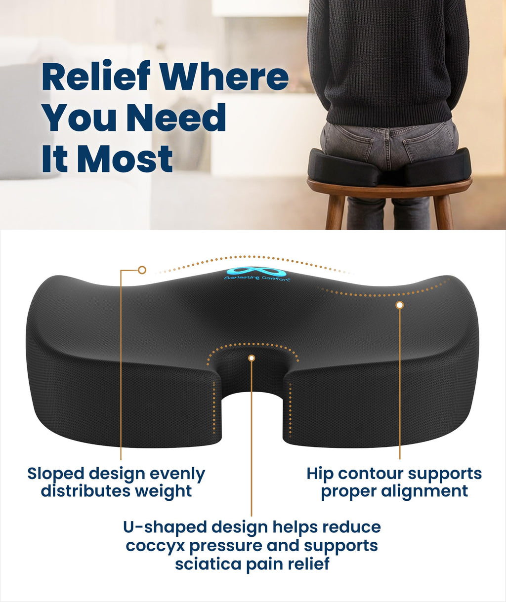 Everlasting Comfort Memory Foam Seat Cushion Ergonomic Large Black Sciatica