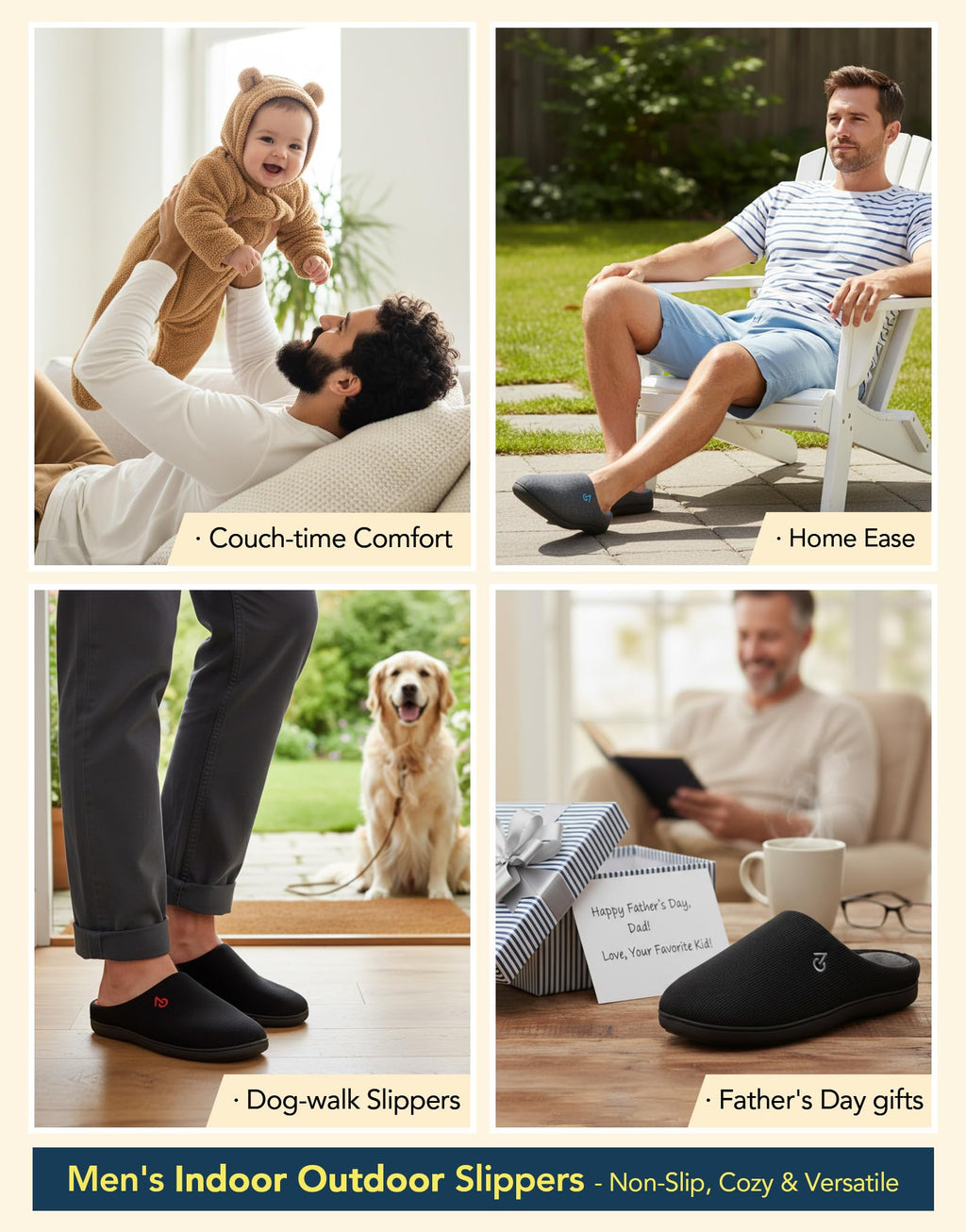 VeraCosy Mens Memory Foam Slippers Indoor Outdoor Rubber Sole (Dark Gray/Blue,